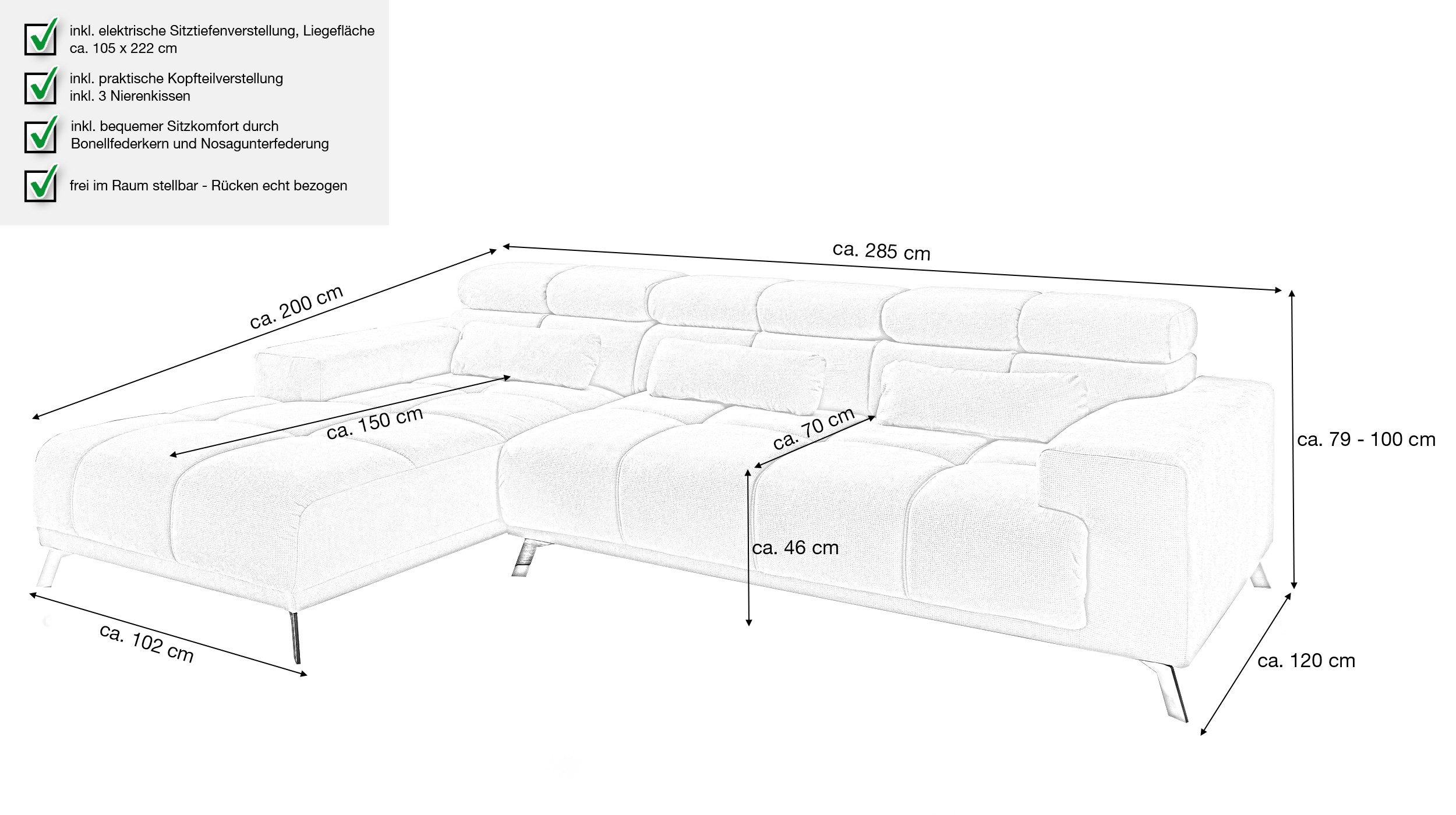 Ecksofa schwarz ausziehbar - Sitztiefenverstellung 285 cm - OT links - SPEED
