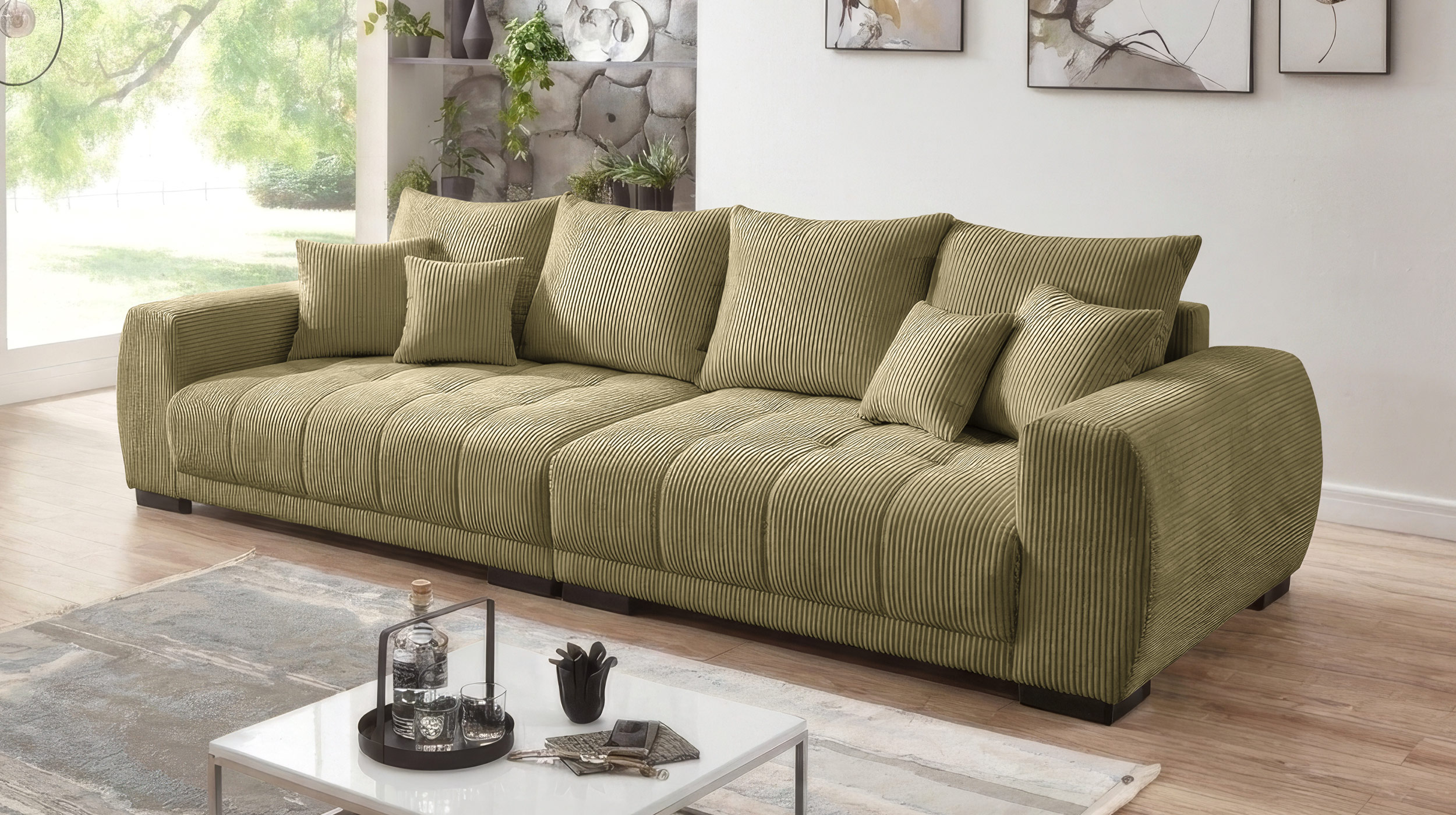 Big Sofa Cord grün mit Nosagunterfederung 300 cm - ARTEMIS