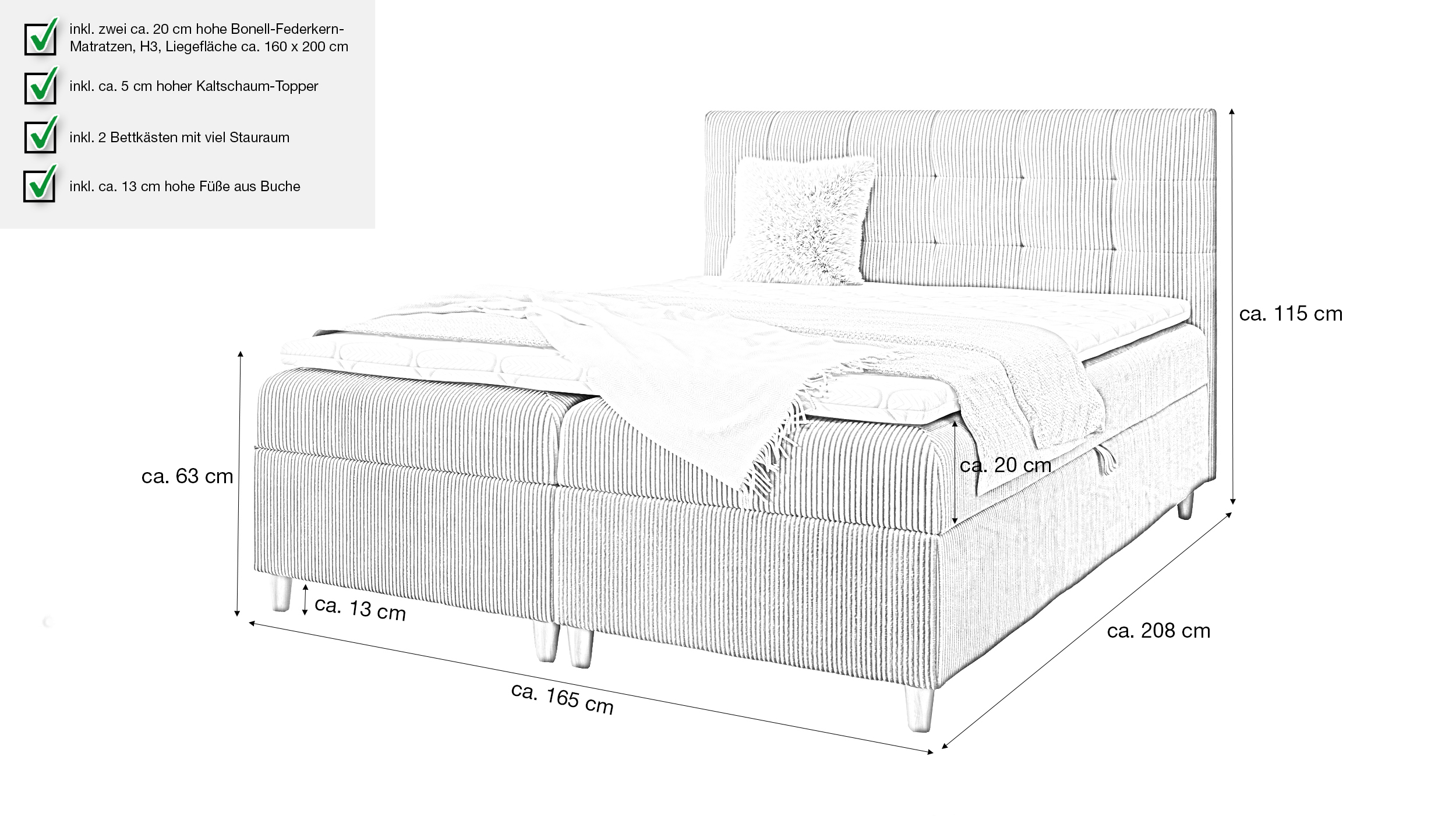 Boxbett Cord grau 160 x 200 cm - Bettkasten - ADORA