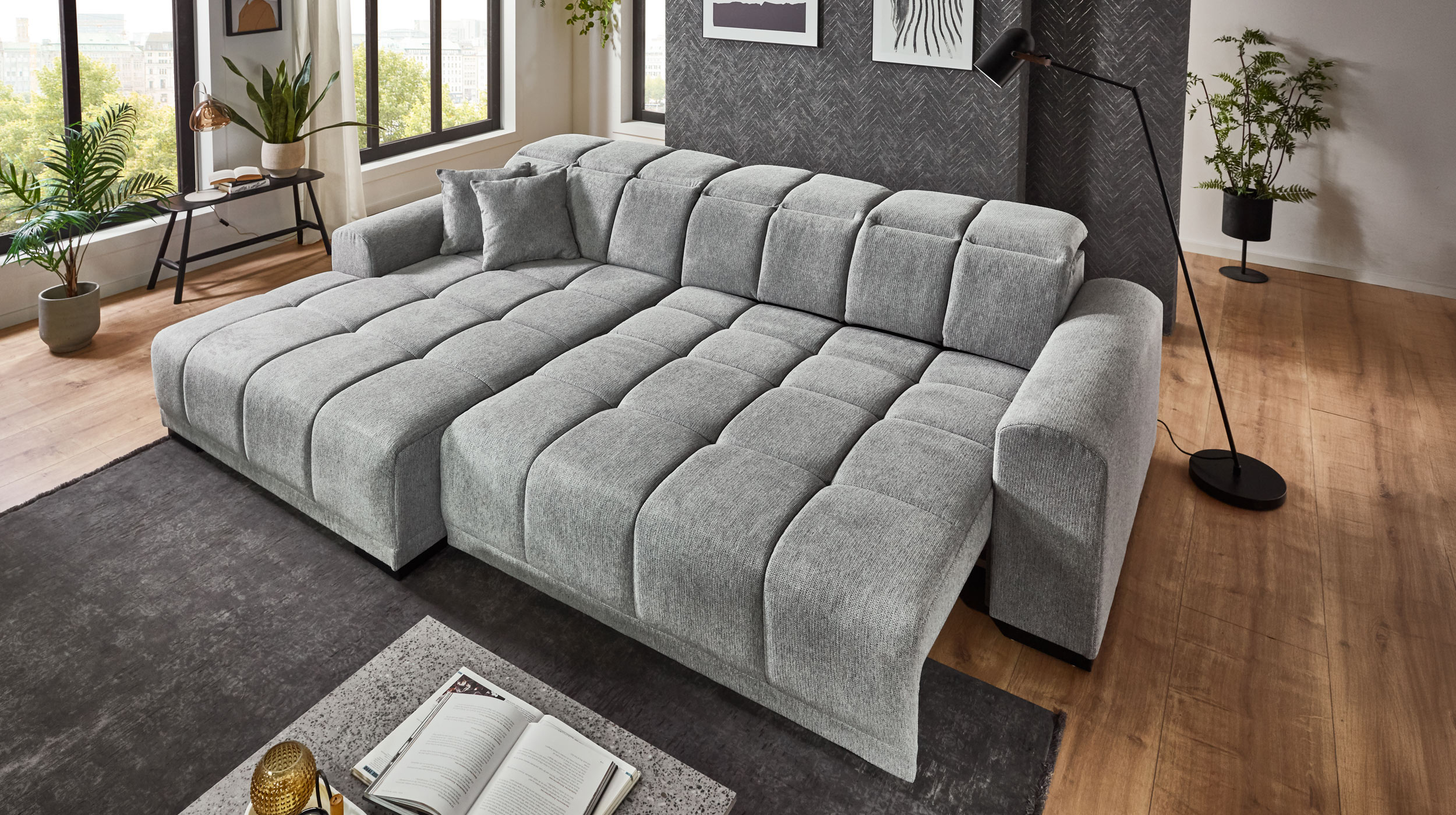 Ecksofa grau elektrisch ausfahrbar 301 x 195 cm - MASTER