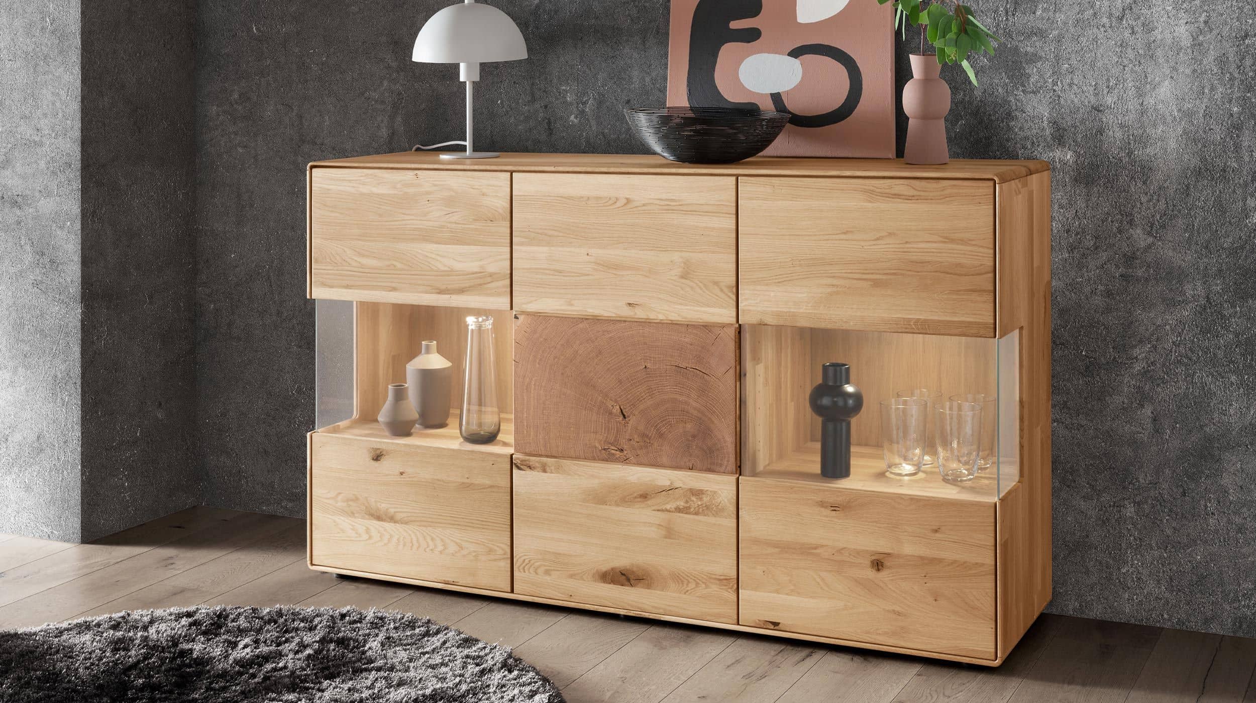 Sideboard mit 2 Glastüren Wildeiche massiv geölt 150 cm - TORVEN