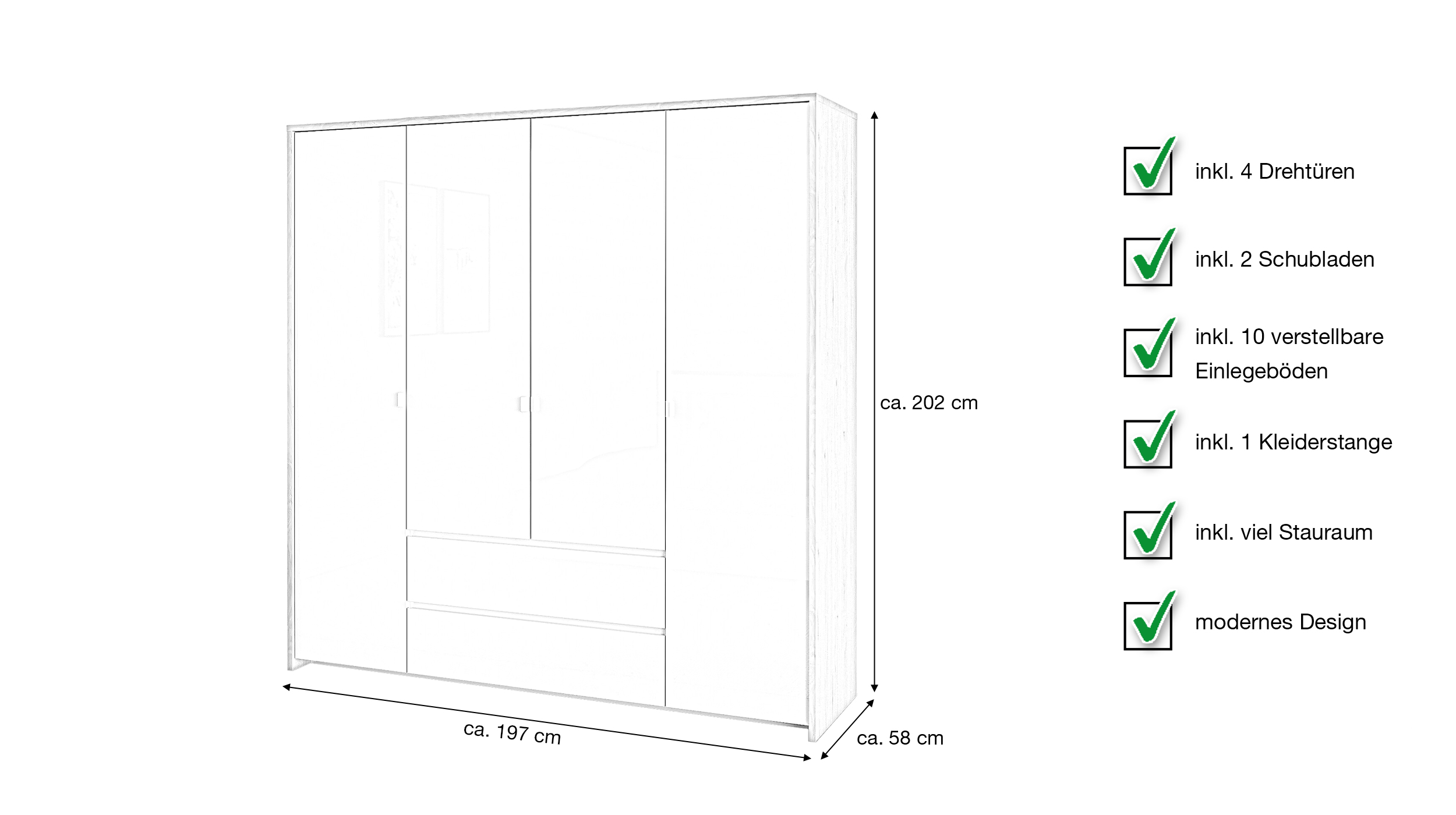 Kleiderschrank 197 cm weiß hochglanz - Jackson Hickory 4-türig - NEXT