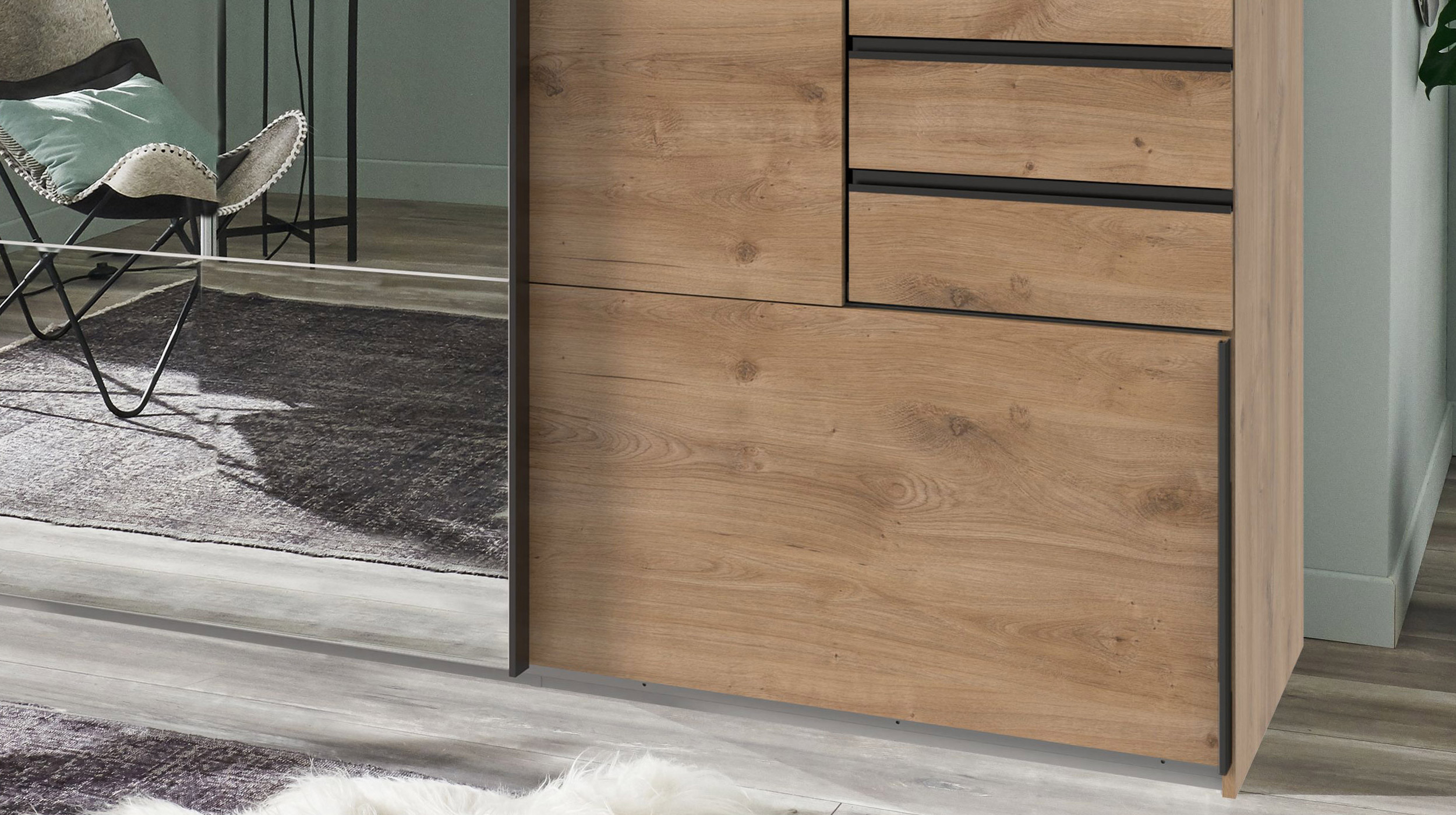 Schwebetürenschrank Spiegel Plankeneiche 270 cm - 3-türig - SAIGON