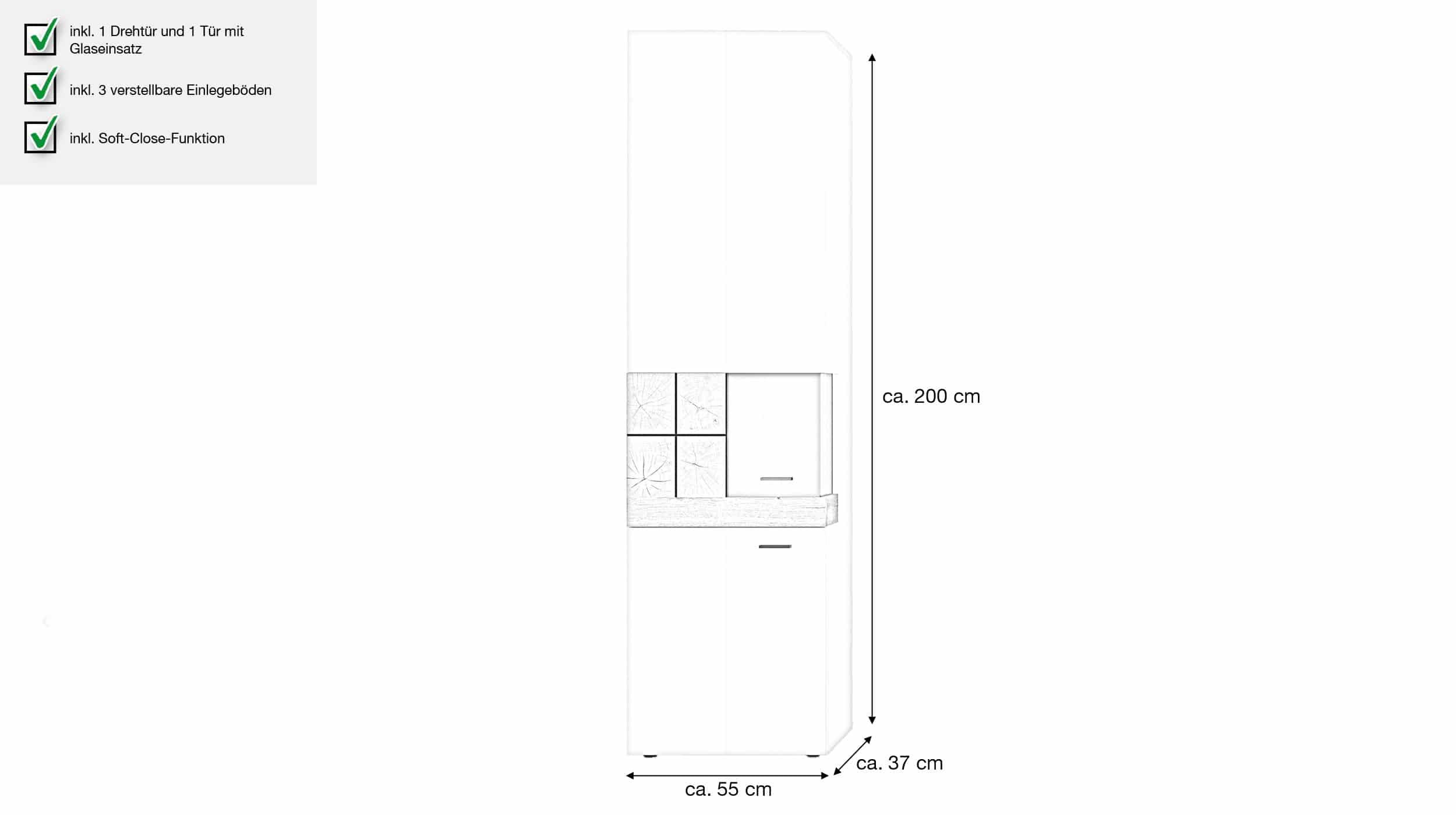 Vitrine mit Glastür weiß Hochglanz - Coast Evoke Eiche 55 cm - ORETA
