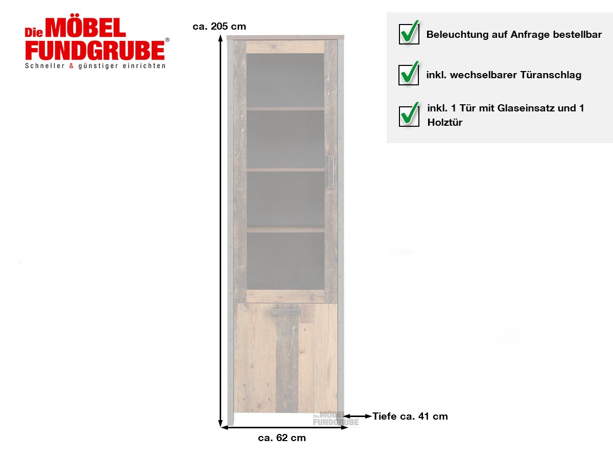 Vitrine mit Glastür Old Wood - Beton - grau Breite 62 cm - CLIF