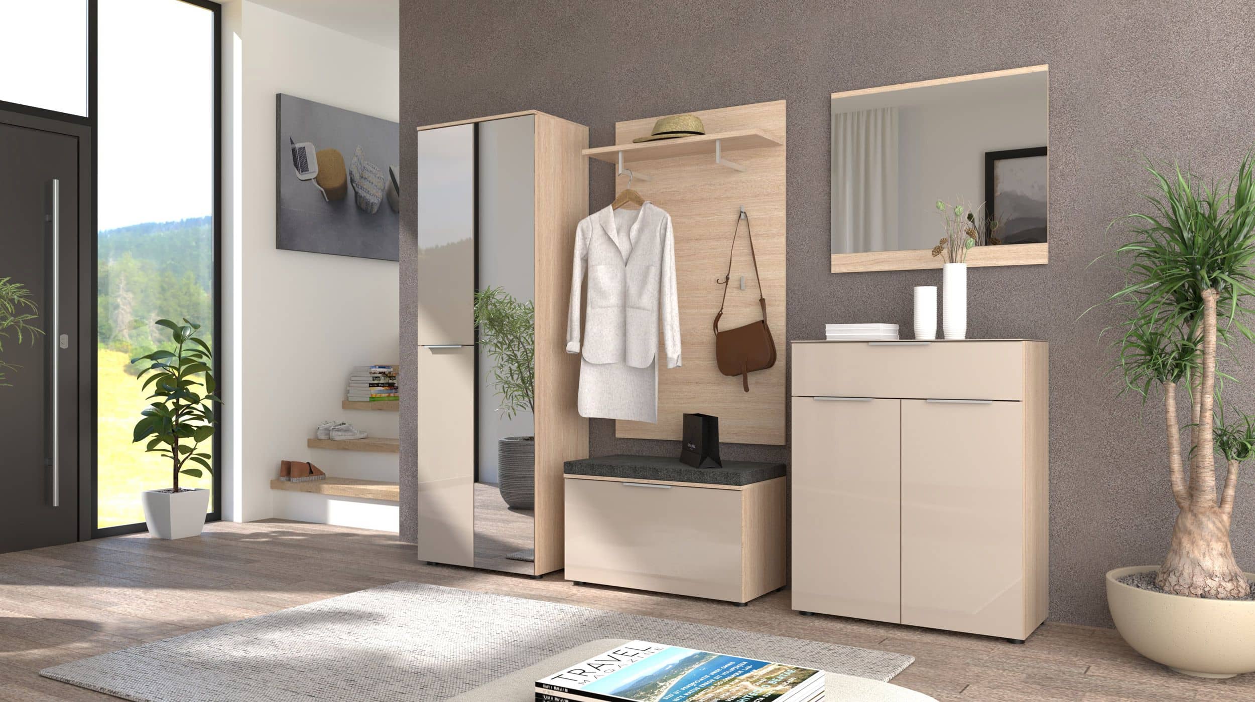 Garderobenschrank Spiegel beige Glasfront Eiche 65 cm - SANTORIN