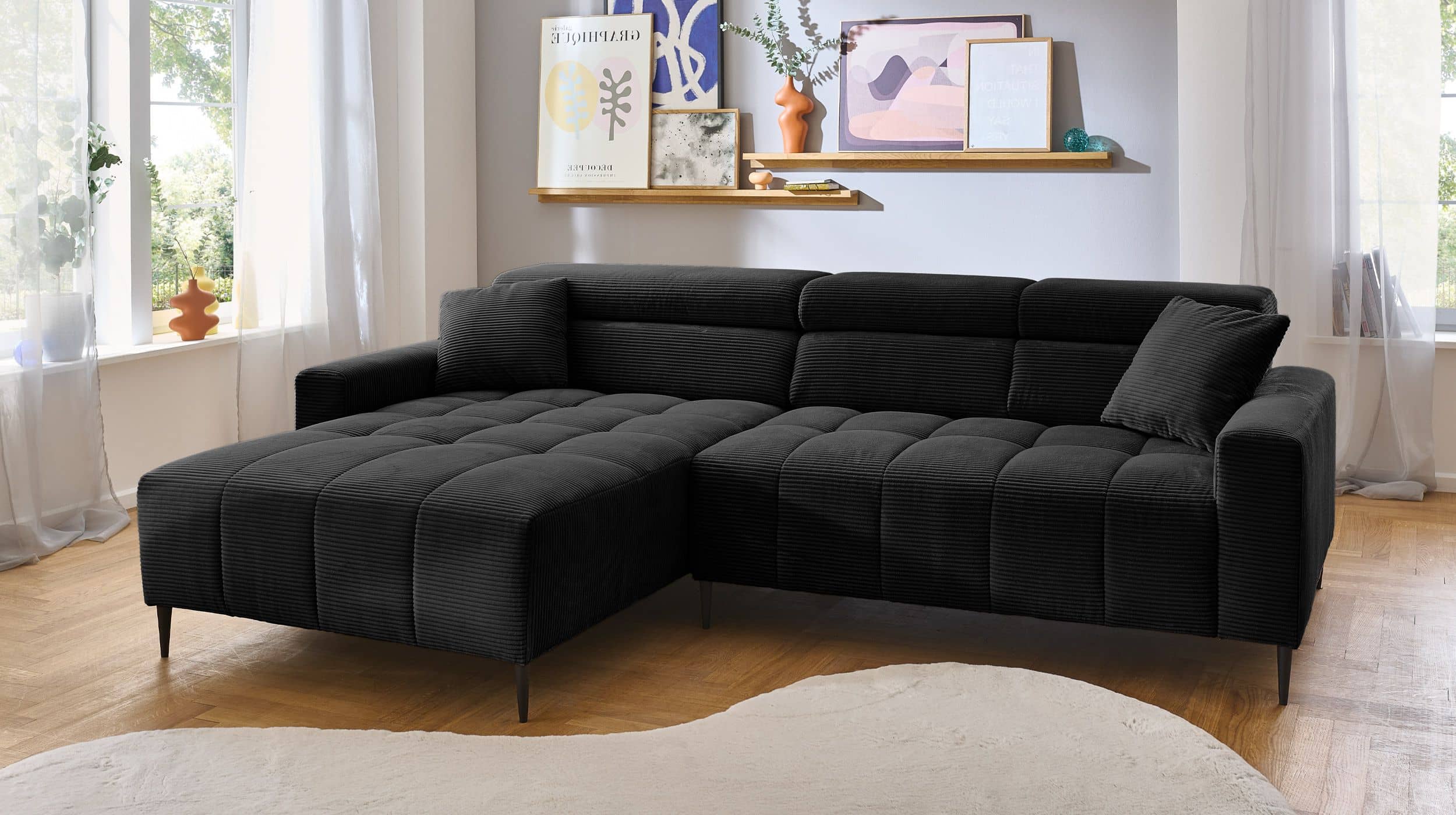 Ecksofa Cord schwarz - 256 x 180 cm - Sitztiefenverstellung - SIMPLE