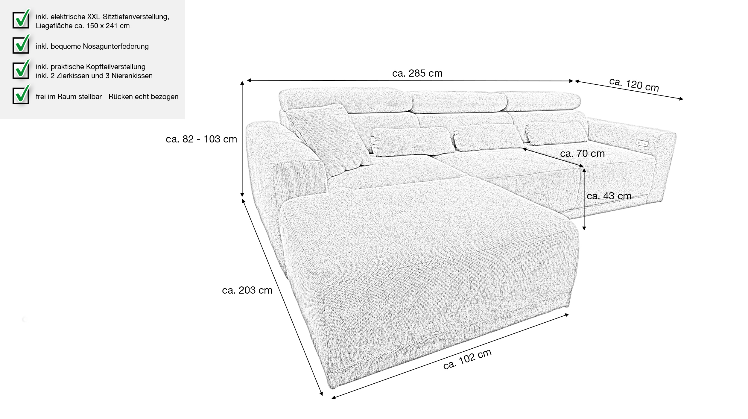 Ecksofa grau elektrisch ausfahrbar 285 cm - OT links - CASSIO 