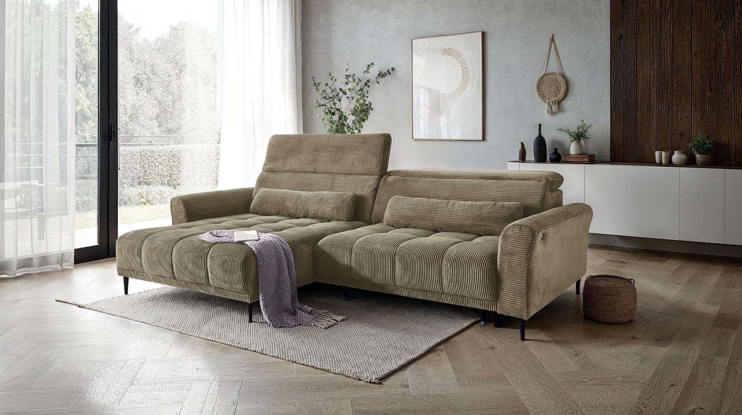 Ecksofa Cord grün ausziehbar - Sitztiefenverstellung - 277 cm - OT links - LOGAN