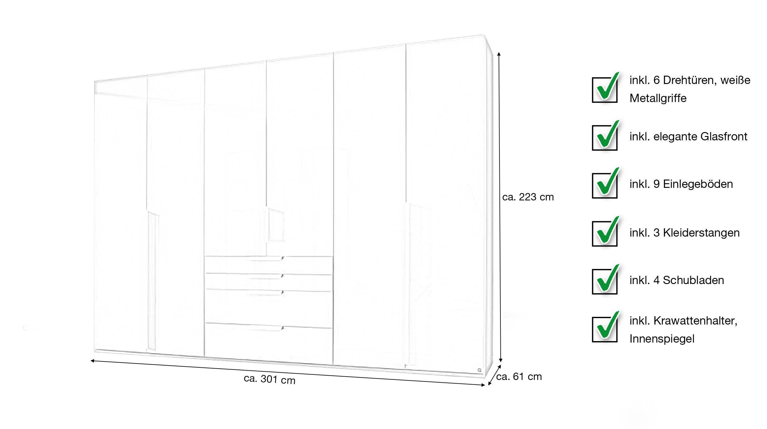 Kleiderschrank 301 cm weiß Glas 6 türig - rauch - POSA