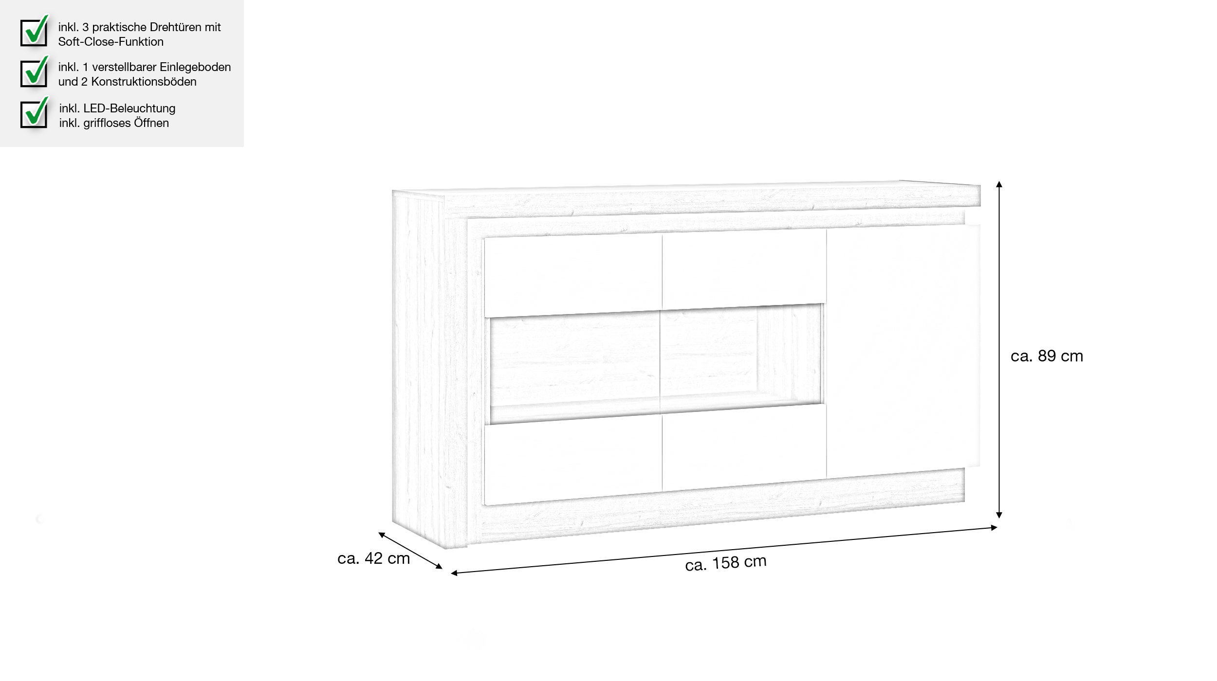 Sideboard mit Glastüren weiß Hochglanz - Eiche 158 cm - LYON