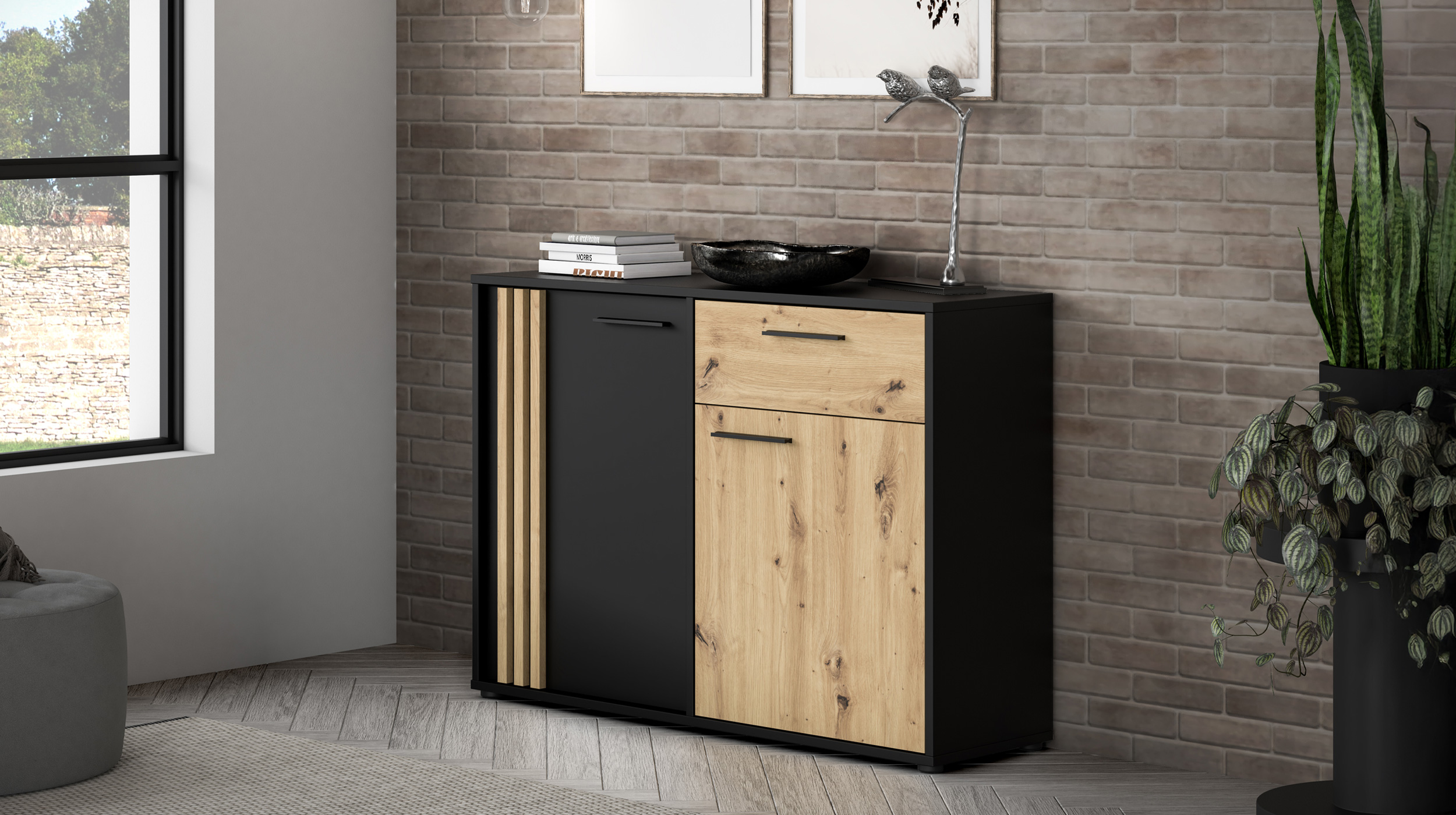 Kommode mit 1 Schublade Artisan Eiche - schwarz 115 x 34 cm - CARDIGAN