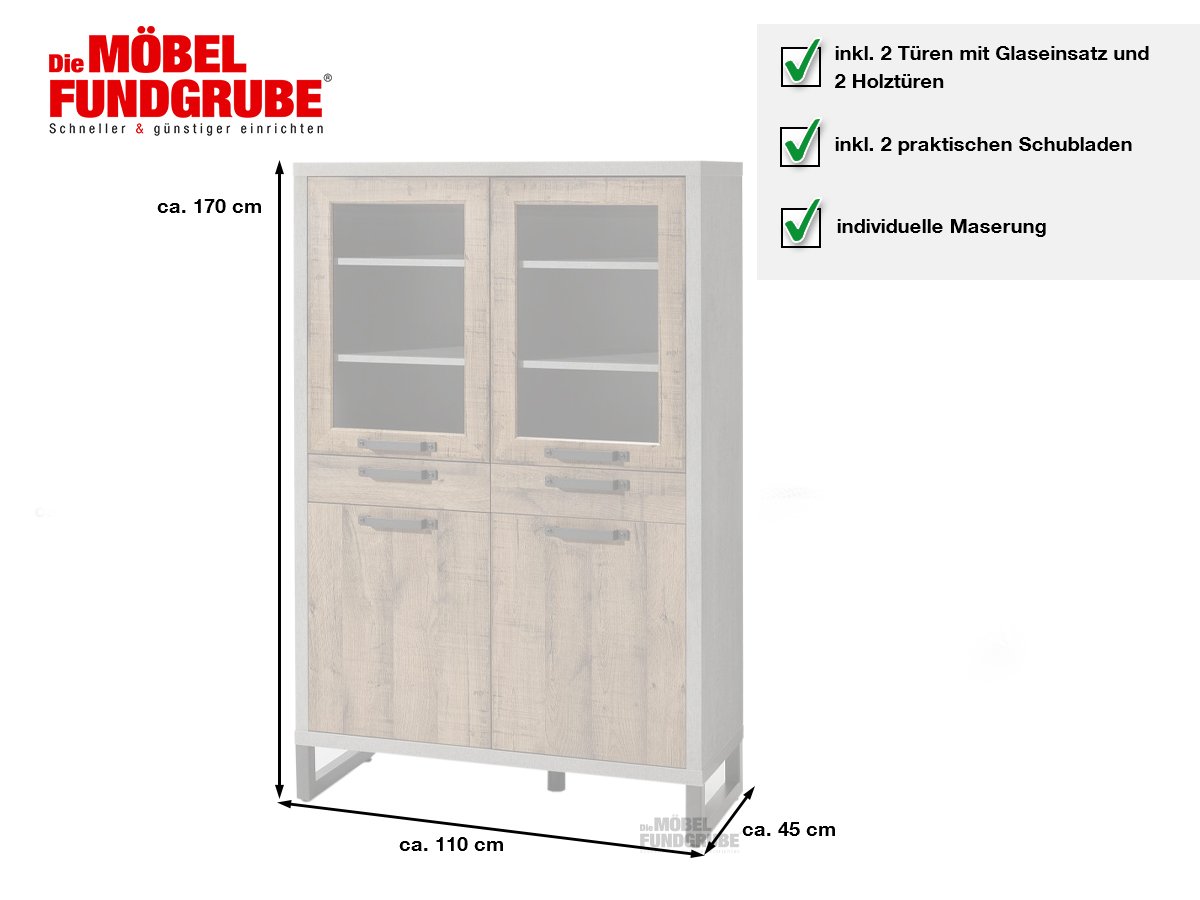 Vitrine Betonoptik - Aged Oak 170 cm 2 Glastüren - LAFABRICA