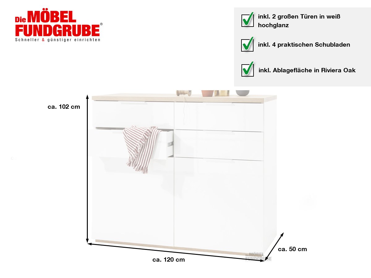 Kommode weiß hochglanz - Riviera Eiche 120 cm - MUNDI