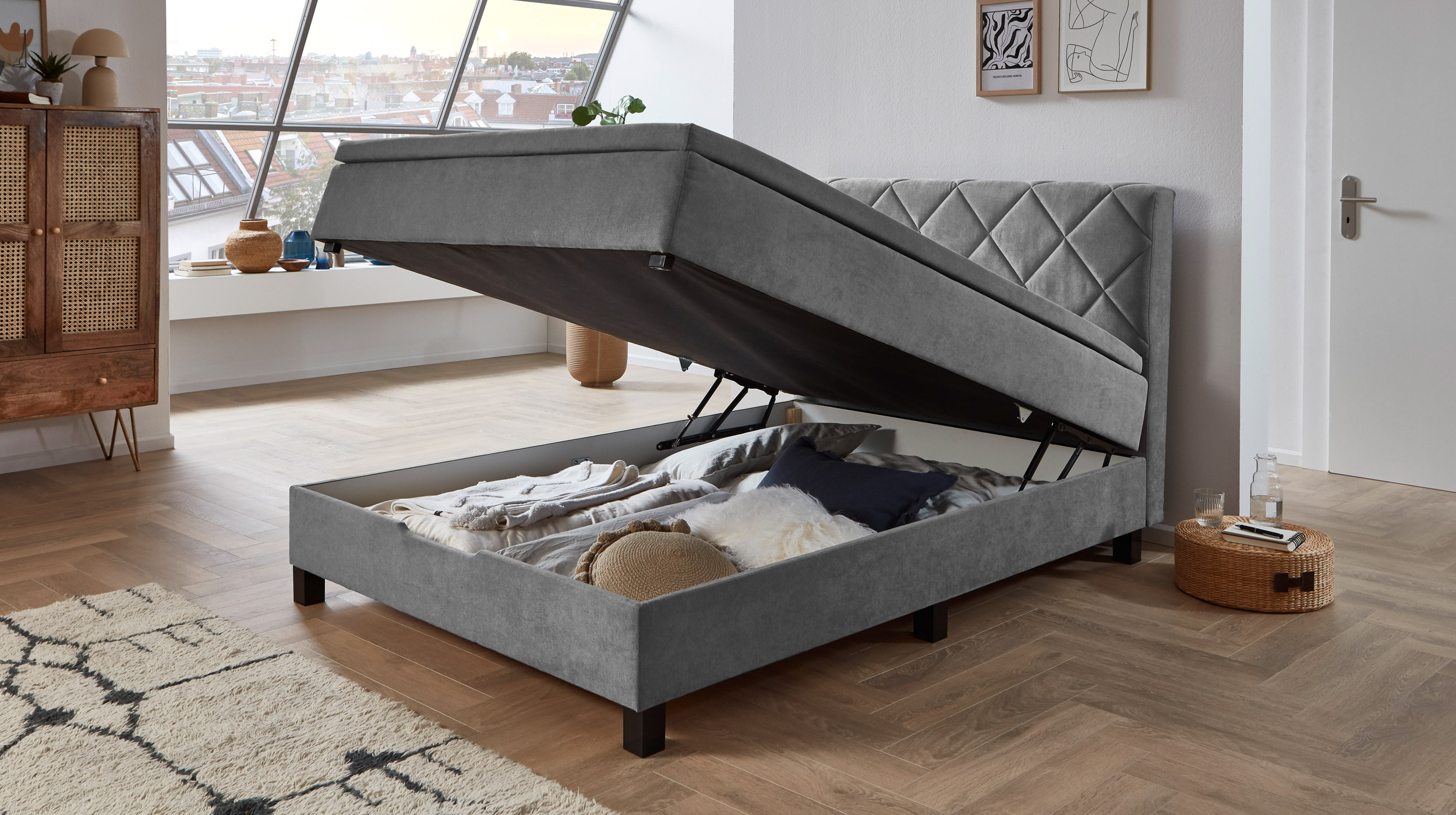Boxbett 140 x 200 cm grau mit Bettkasten - JEFF