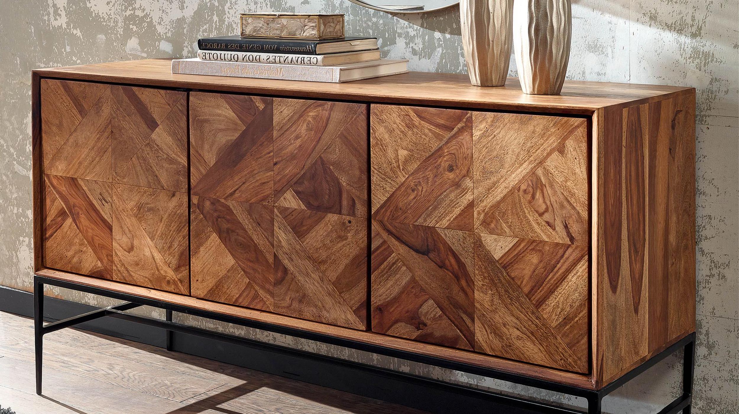 Sideboard Sheesham massiv gebeizt 123 cm - 3-türig - SIGRID