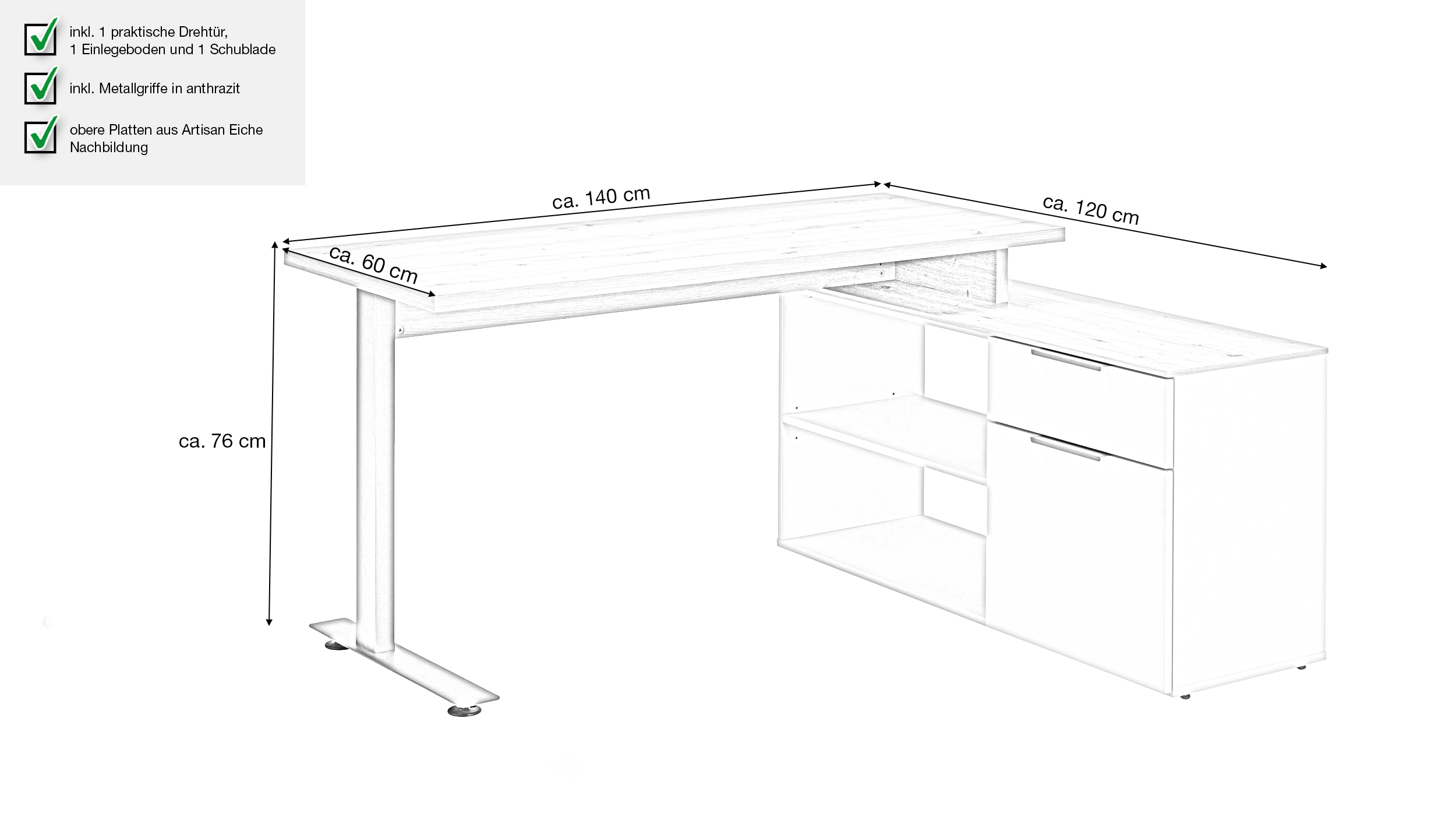 Eck-Schreibtisch beige Artisan Eiche 140 x 120 cm - SYNOS
