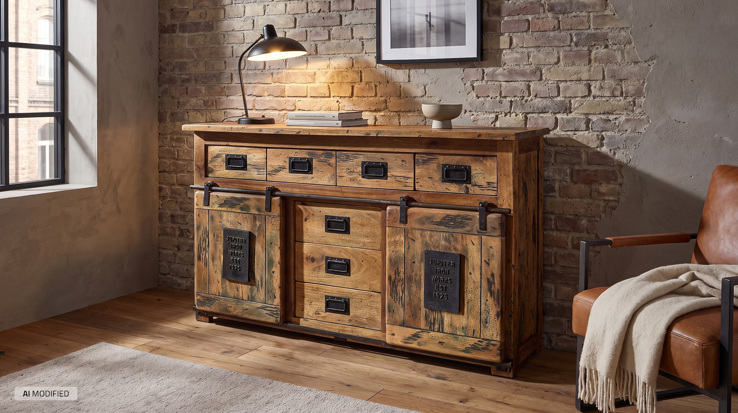 Sideboard mit 2 Rolltüren Mango massiv 150 cm - montiert - EMANUEL