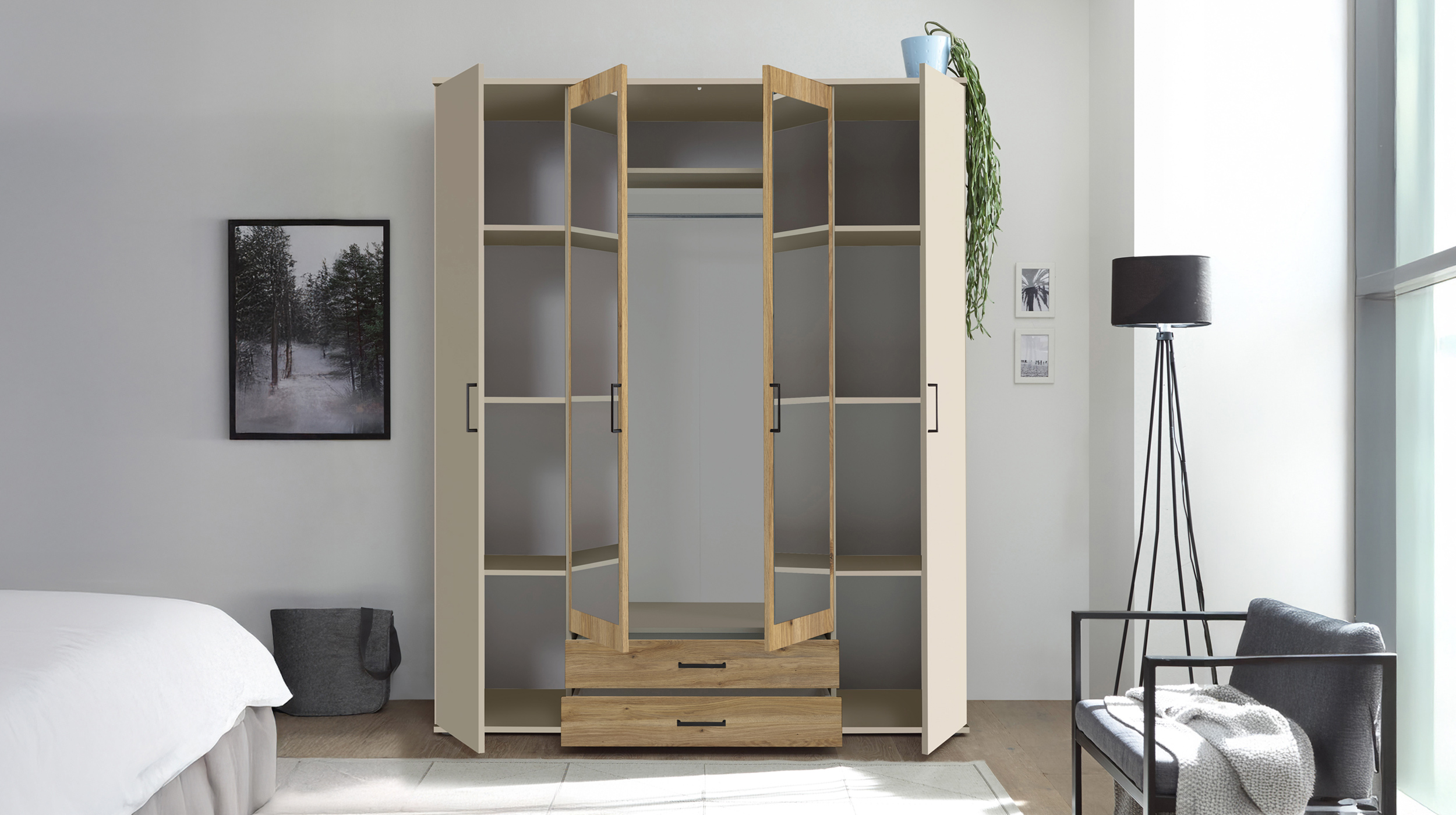 Kleiderschrank mit Spiegel 159 cm - beige - Eiche - 4-türig - CHICAGO
