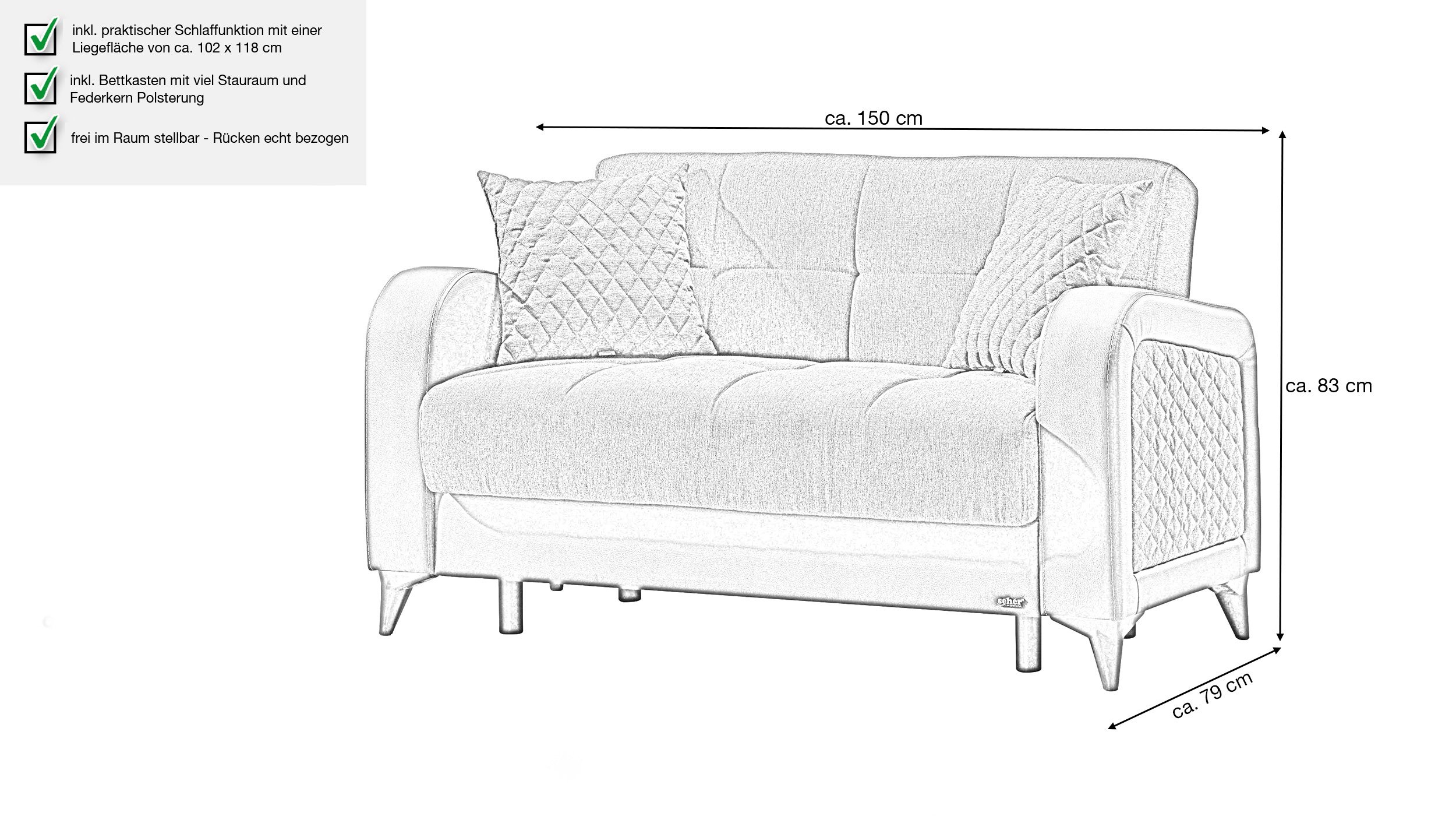 Einzelsofa anthrazit Schlaffunktion ausziehbar 2-Sitzer 150 cm - RIZA