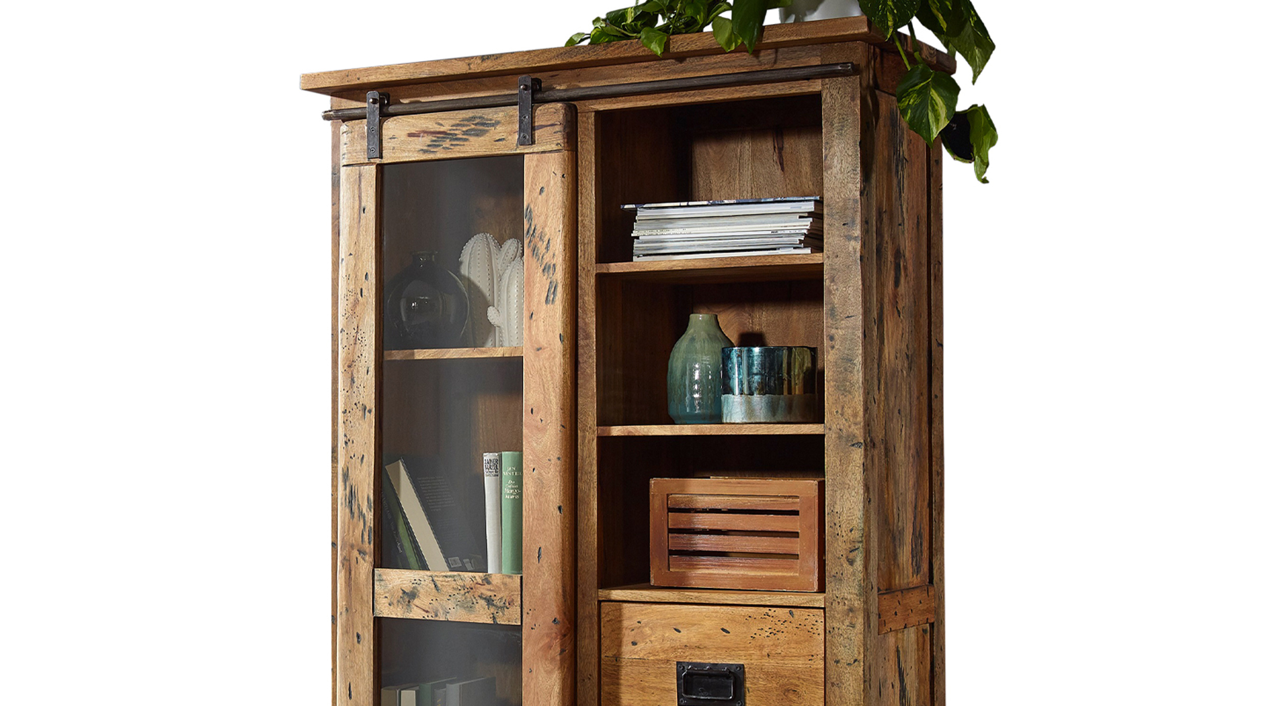 Vitrine mit Schiebetür Mango massiv Breite 100 cm - montiert - EMANUEL