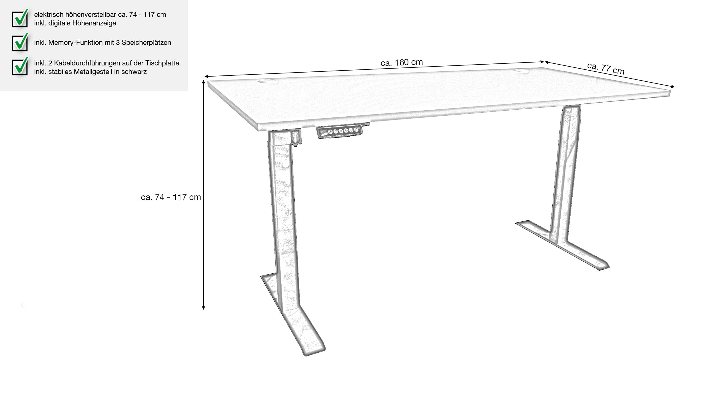 Computerschreibtisch Eiche 160 cm höhenverstellbar - BENNY