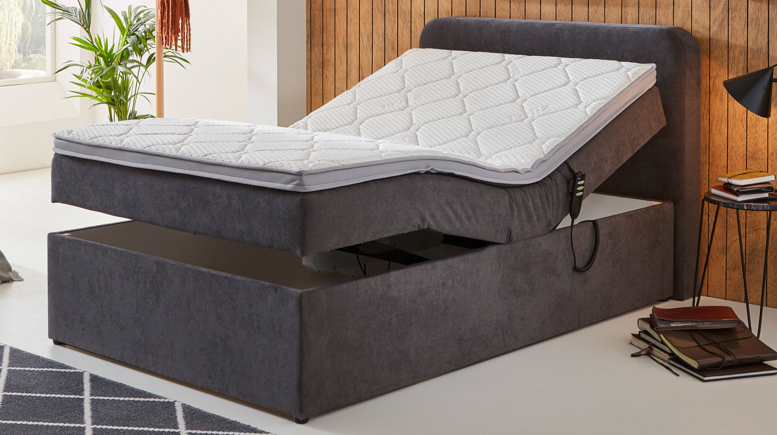 Boxbett 100 x 200 cm grau Bettkasten - elektrisch  - GABRIOLA