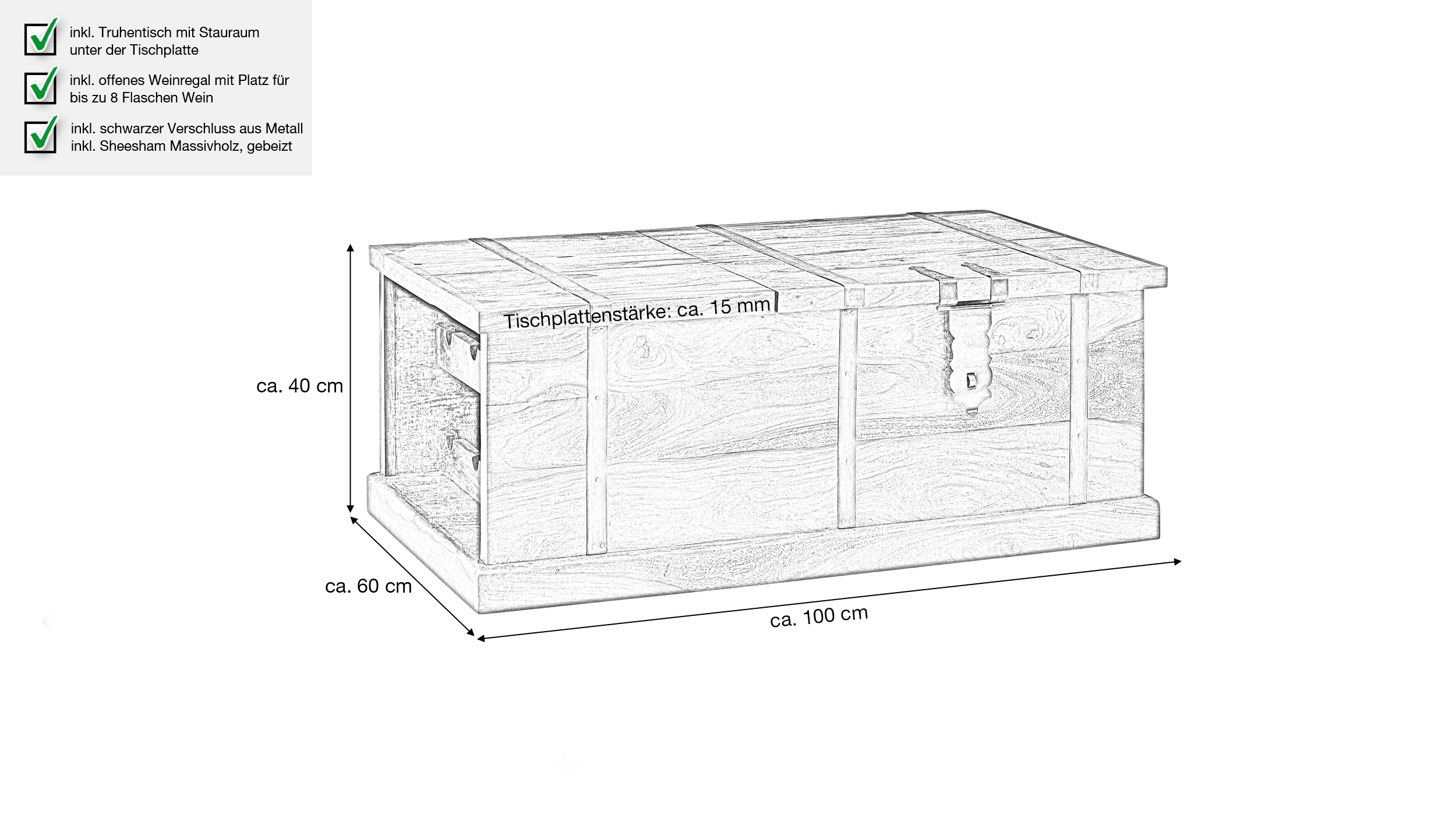Couchtisch Sheesham massiv gebeizt 100 x 60 cm - Truhentisch - STIG