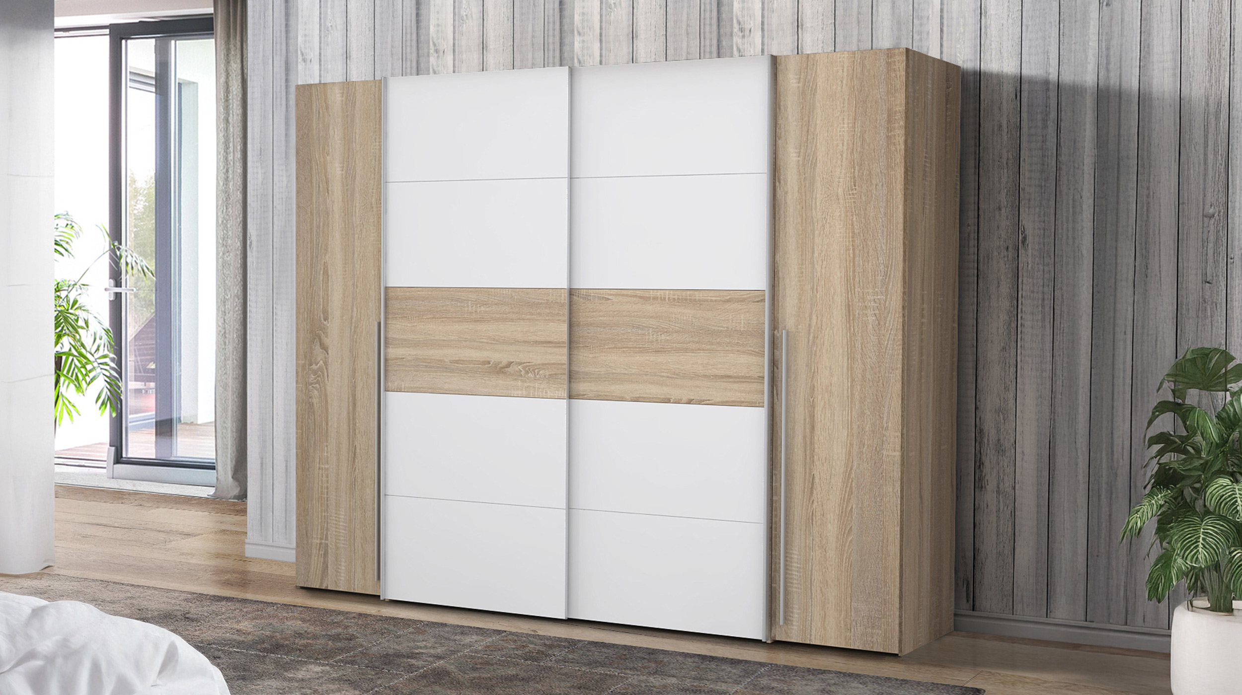 Kleiderschrank Sonoma Eiche - weiß - 270 cm - Schwebetüren - NARAGO
