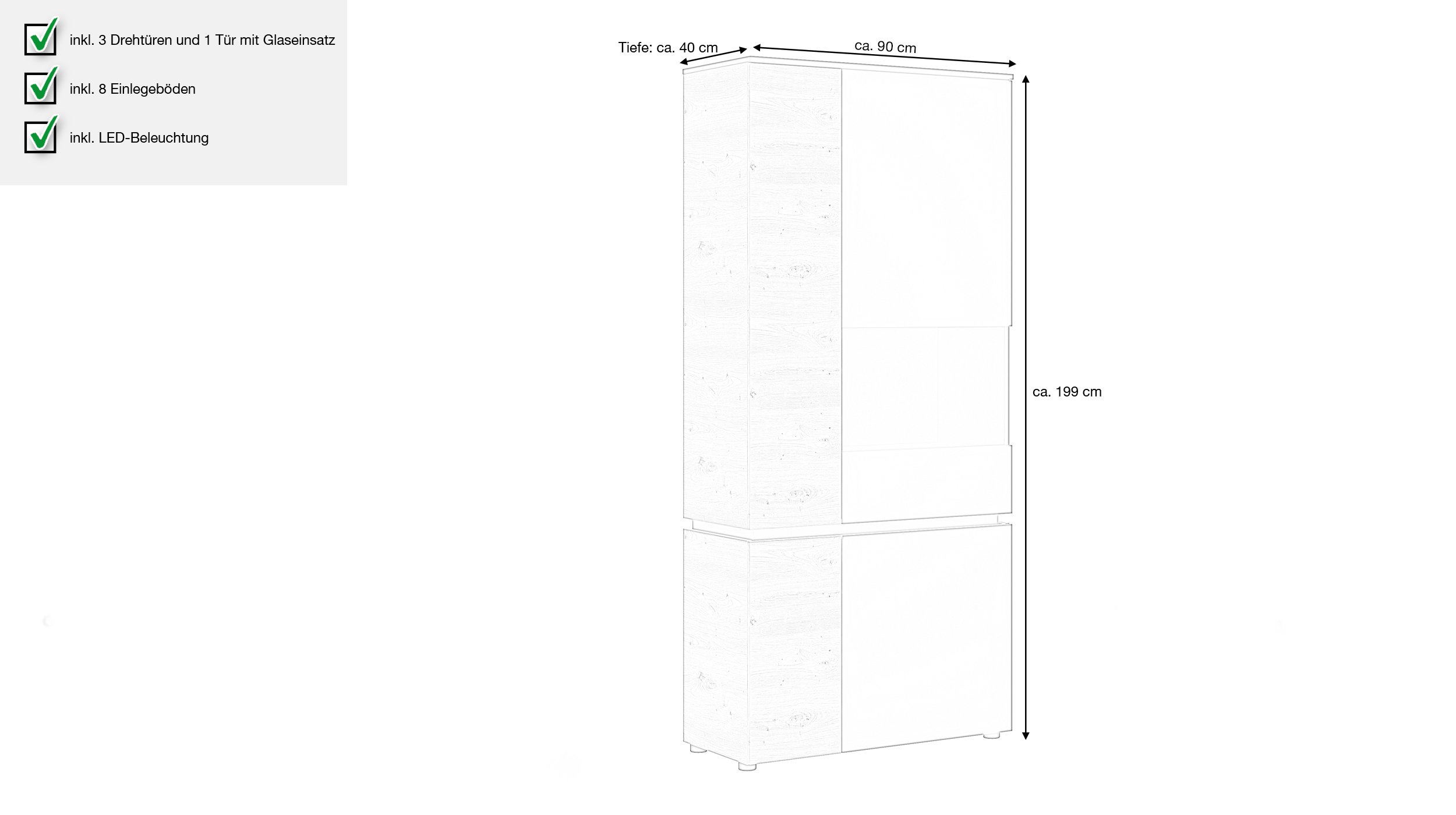 Vitrine mit Beleuchtung Artisan Eiche - grau B 90 x H 199 cm - LUCI