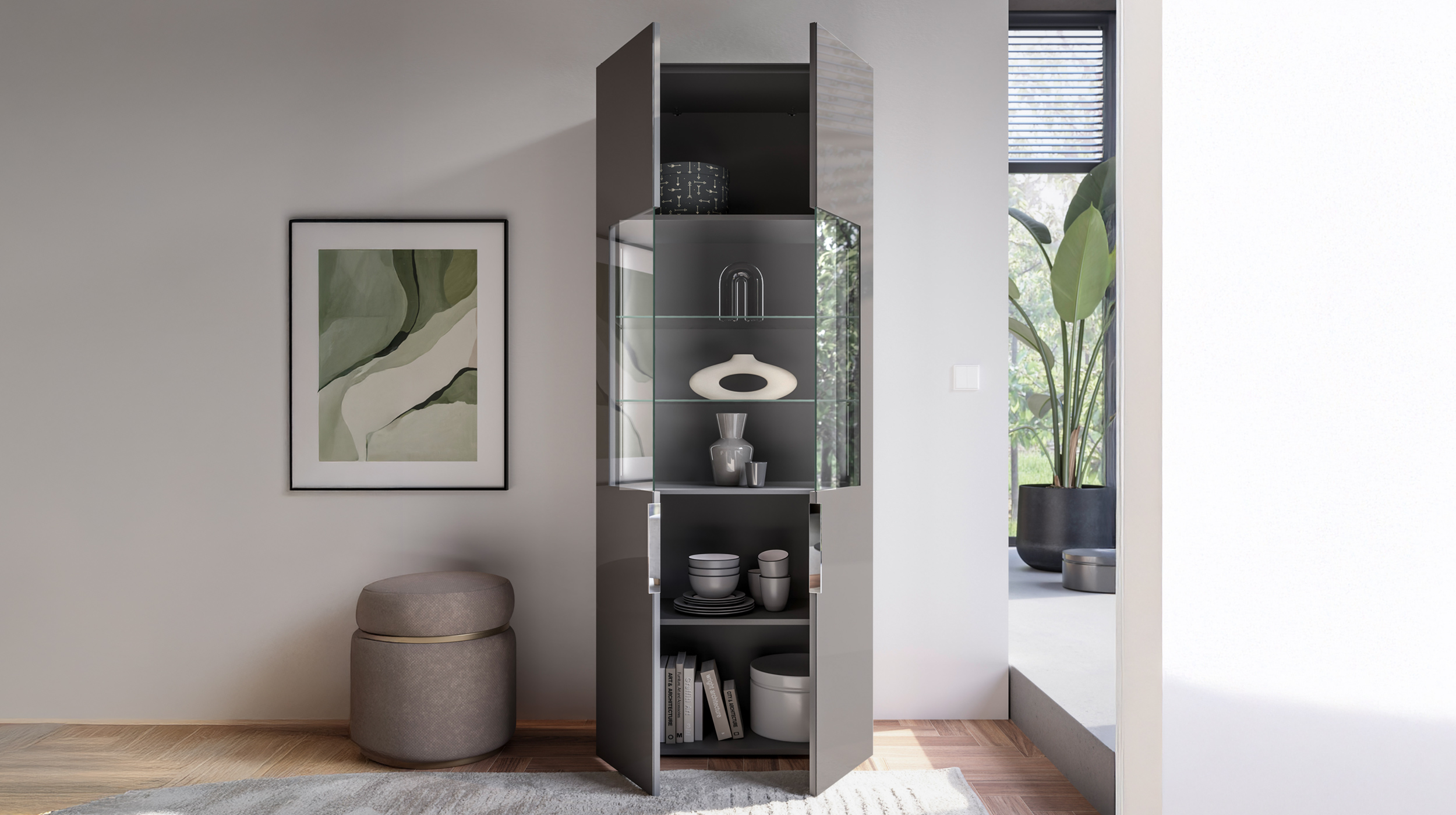 Vitrine mit Beleuchtung anthrazit - Glasfront - Breite 75 cm - SANTORIN