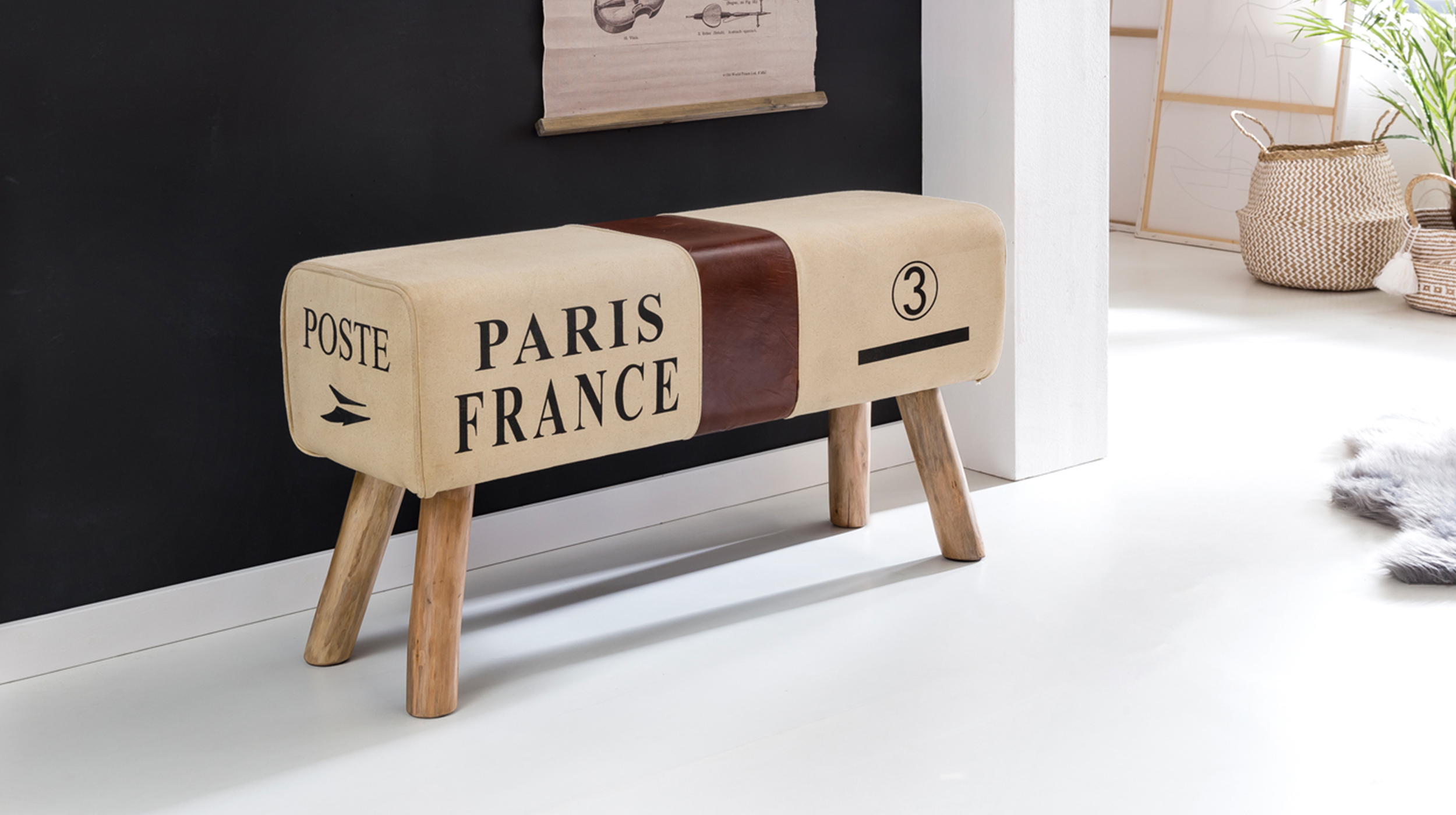 Sitzbank 91 cm Stoffbezug beige Eukalyptus massiv - CARLAS