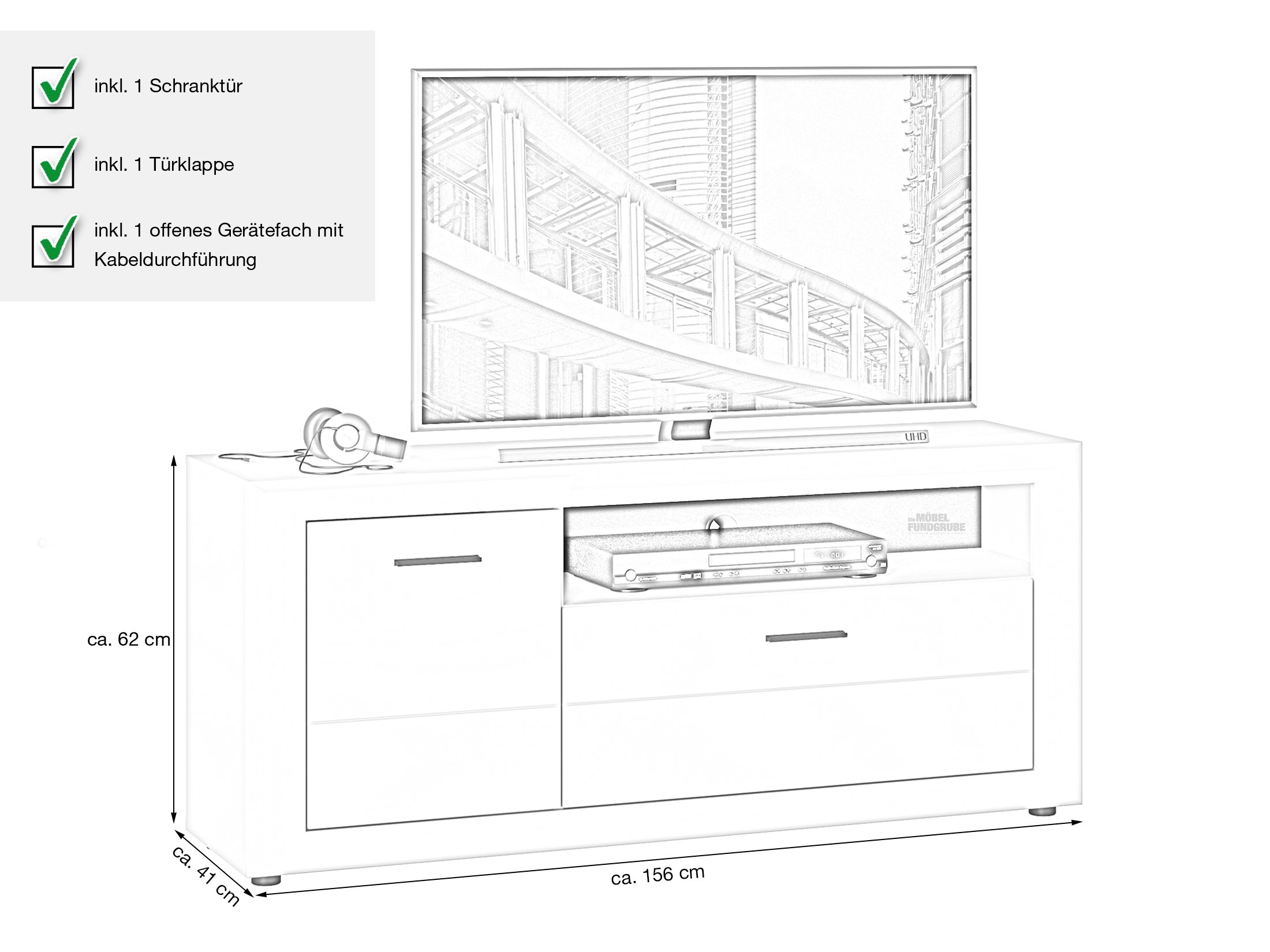 TV - Lowboard weiß hochglanz 156 cm TV-Board - COLMAR