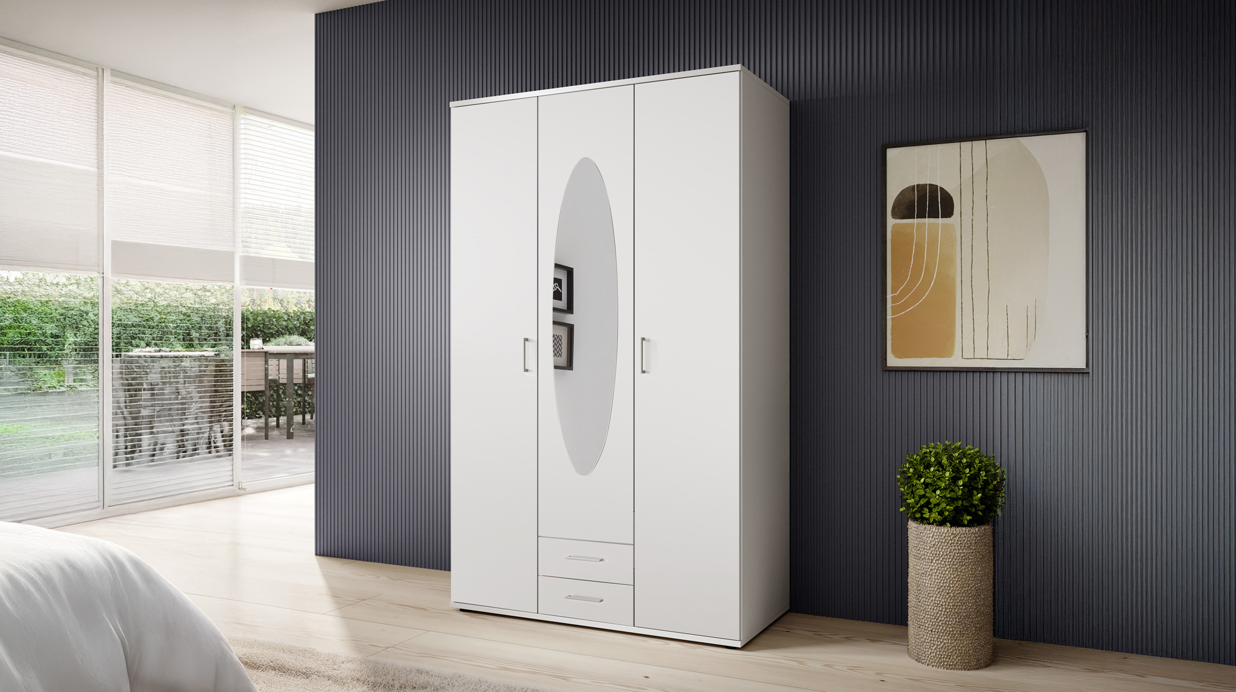 Kleiderschrank mit Spiegel 120 cm weiß - 3-türig - PAUL