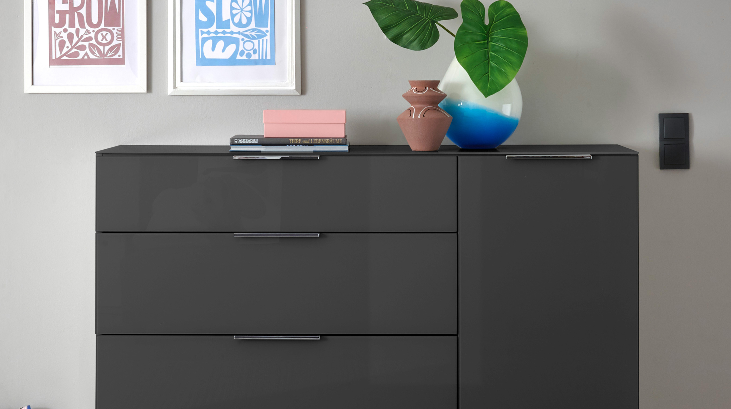 Kommode 4 Schubladen - anthrazit - Glasfront - 135 cm - SANTORIN