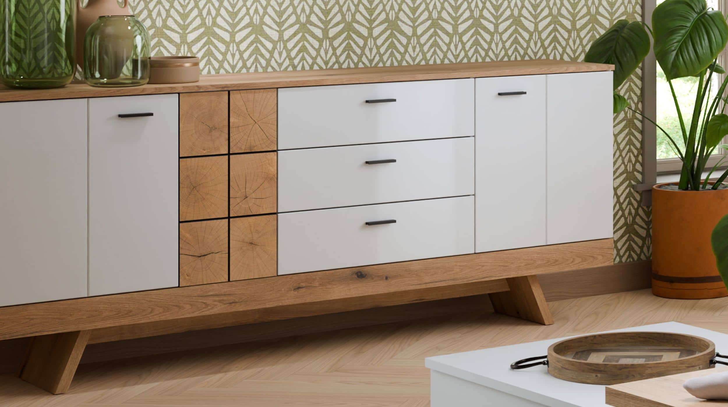 Sideboard mit 3 Schubladen weiß Hochglanz - Eiche 184 cm - ORETA