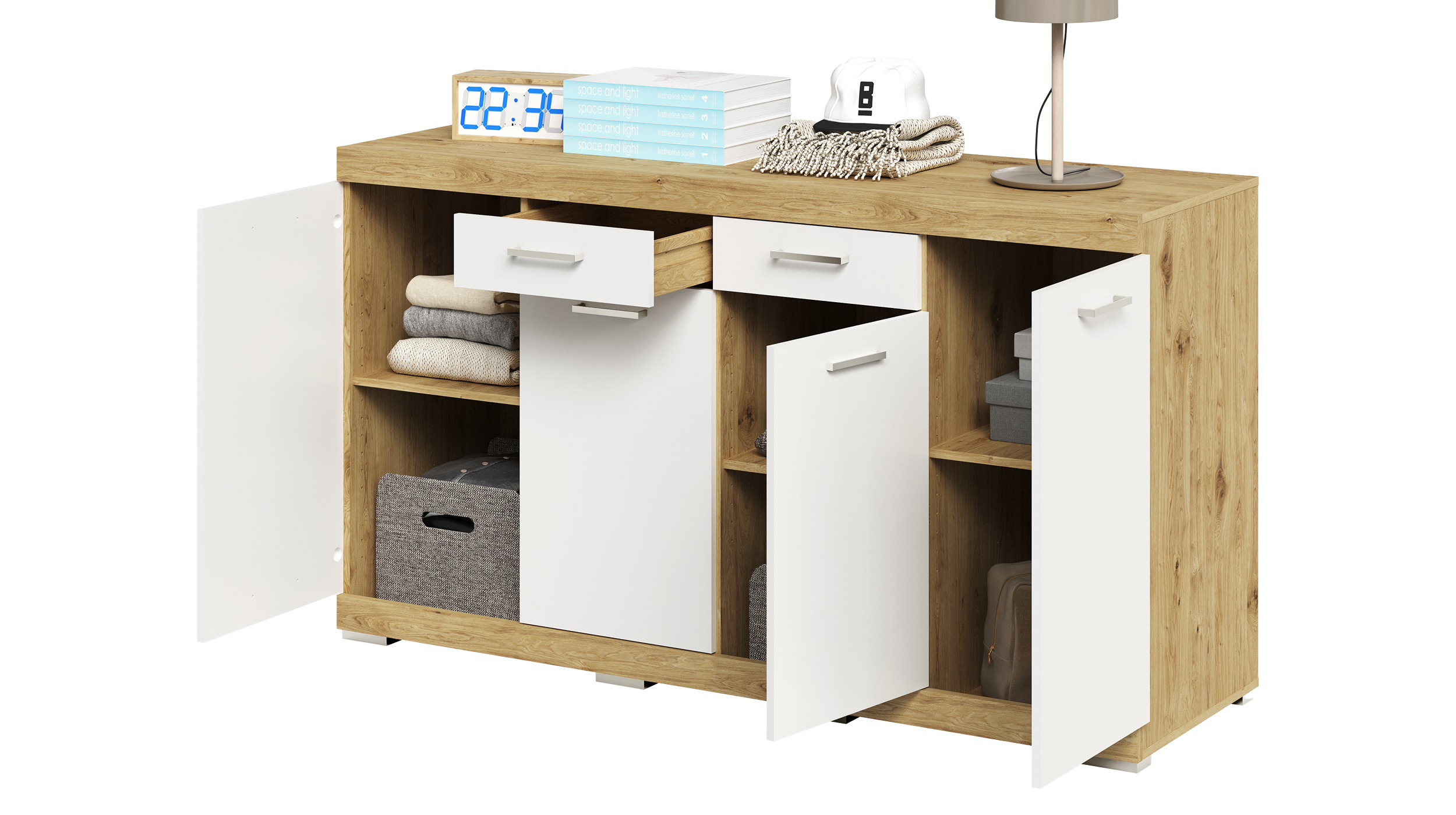 Kommode weiß Artisan Eiche 160 x 50 cm - 2 Schubladen - BRISTOL