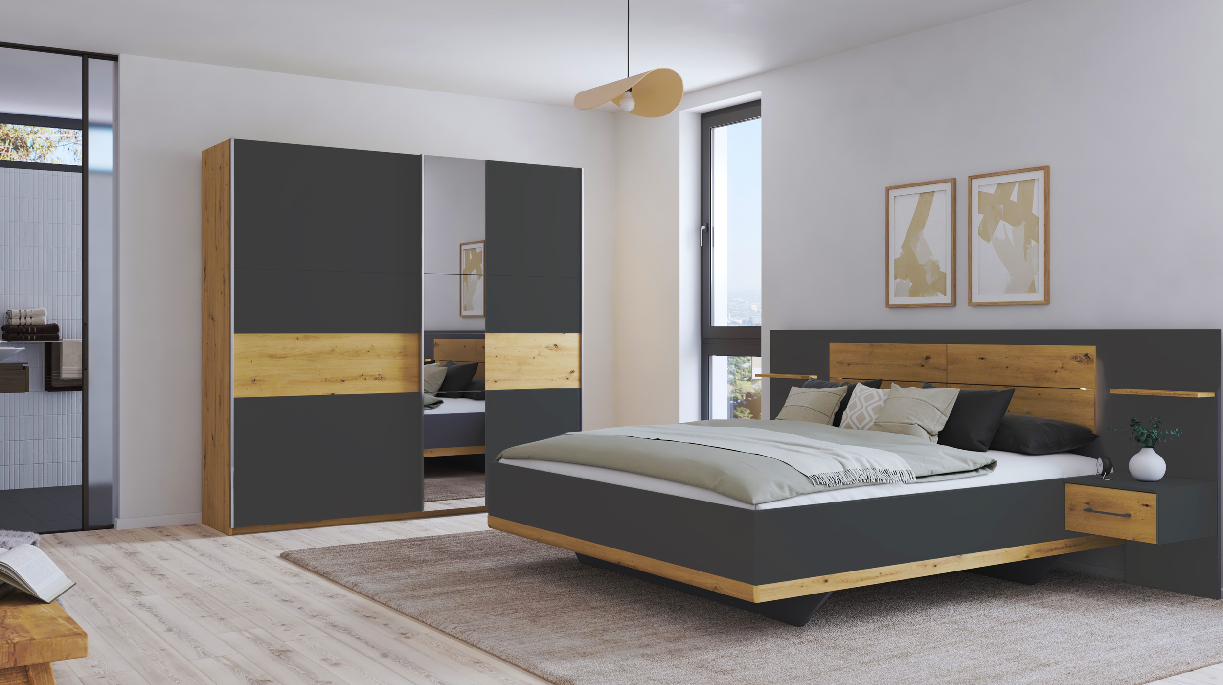 Schwebetürenschrank - Spiegel grau Eiche 218 cm - rauch - BOSTON