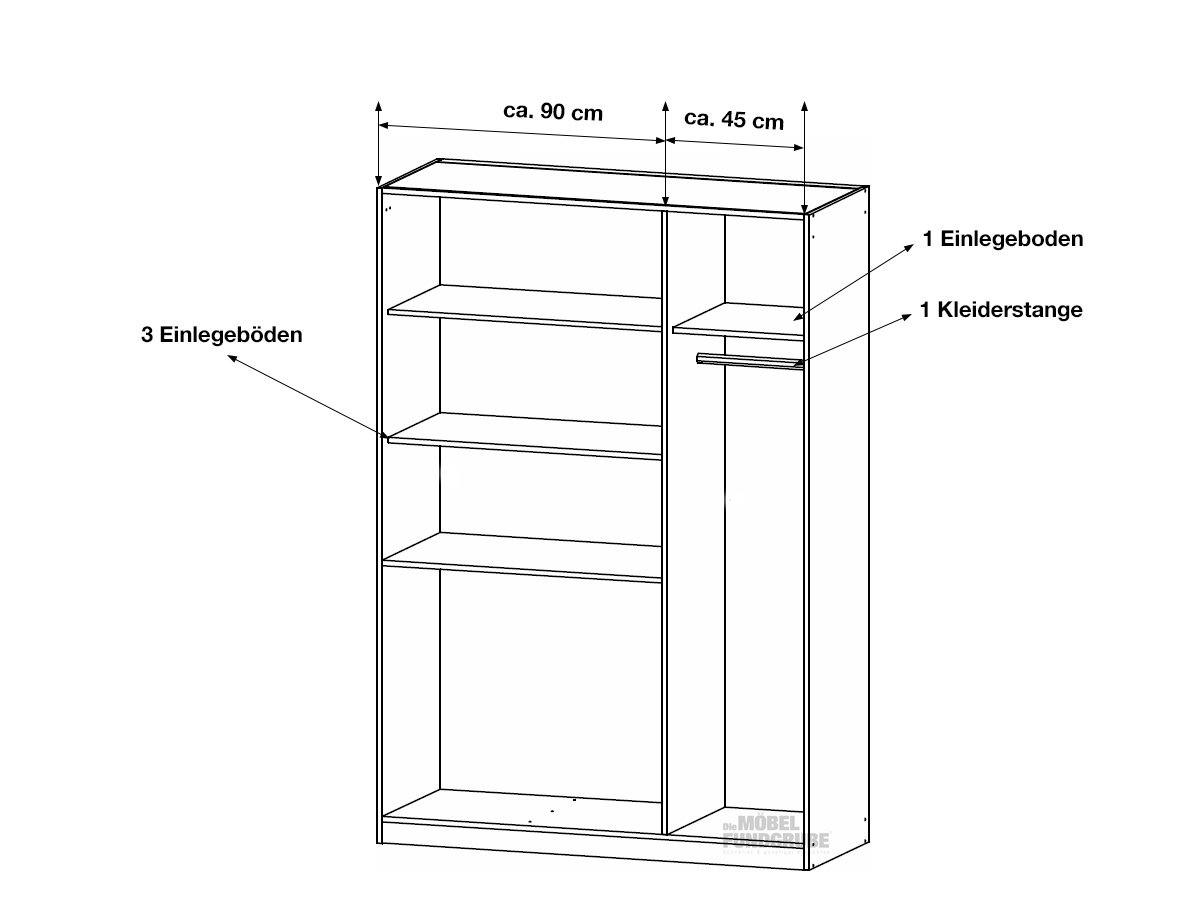 Kleiderschrank mit Spiegel - weiß hochglanz - 136 cm - rauch - Homburg