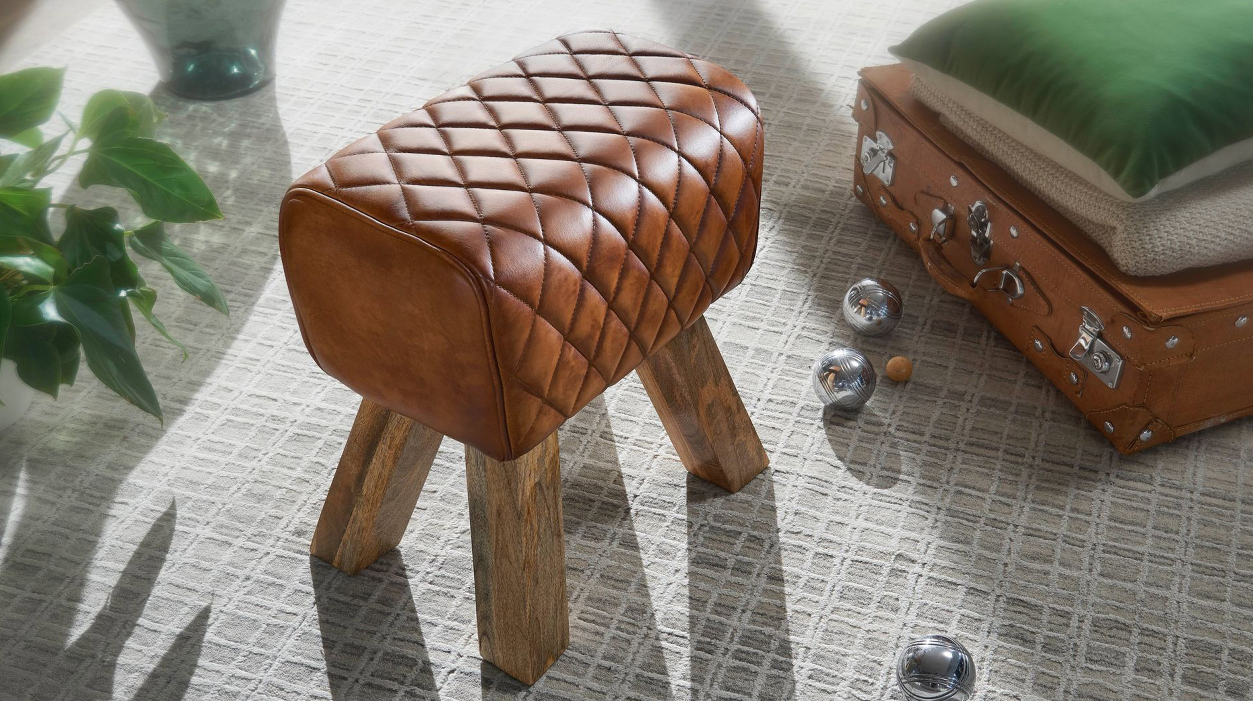 Sitz- & Fußhocker Echtleder braun - Mango massiv lackiert - RIST