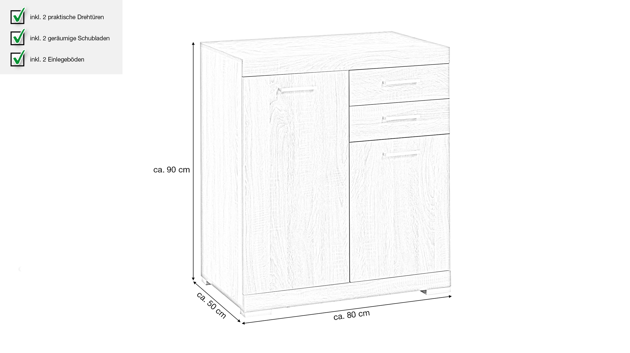 Kommode Eiche 80 x 50 cm - 2 Schubladen - BRISTOL