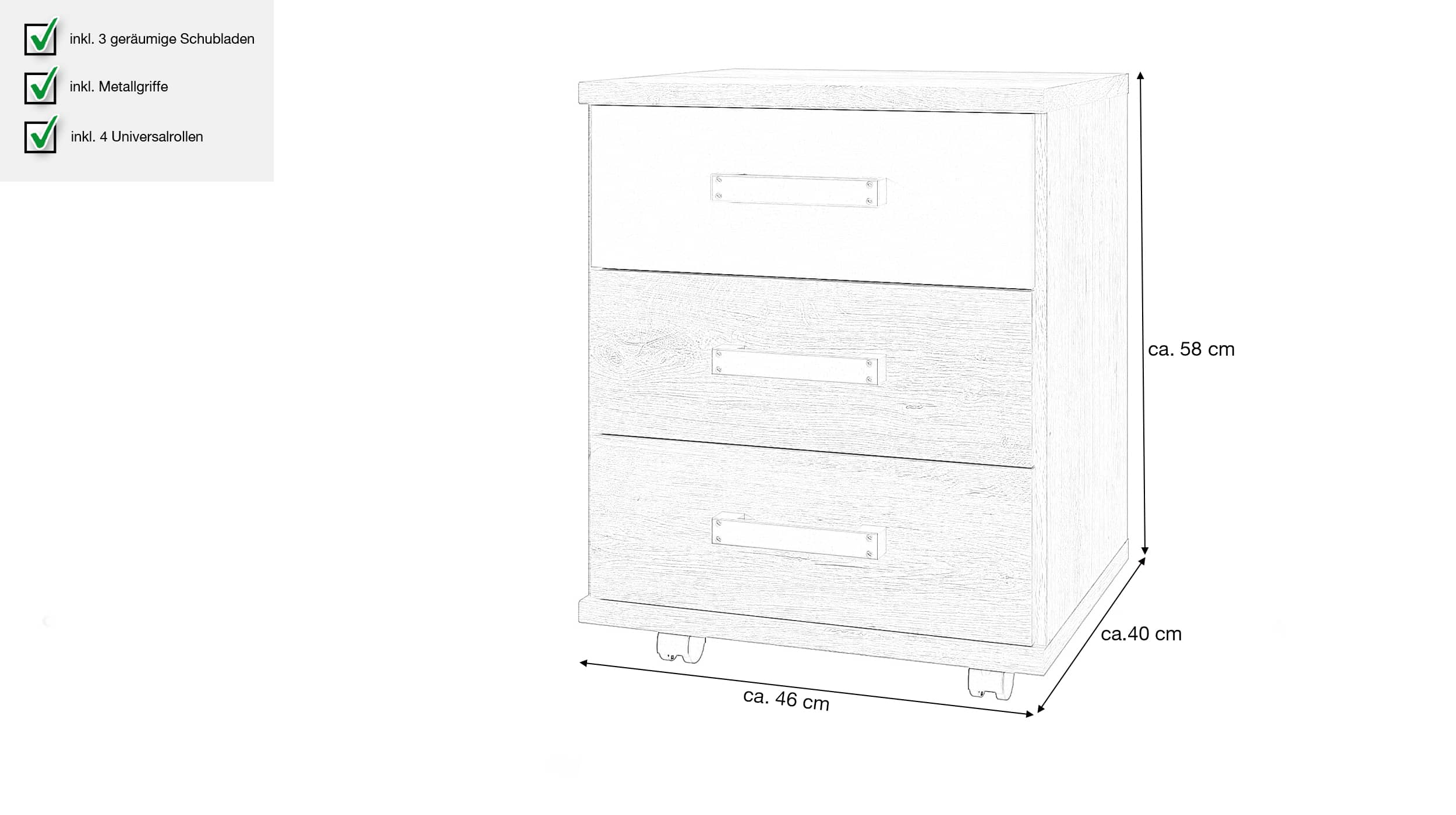 Rollcontainer Eiche - graphit 46 x 58 cm 3 Schubladen - LIVERPOOL