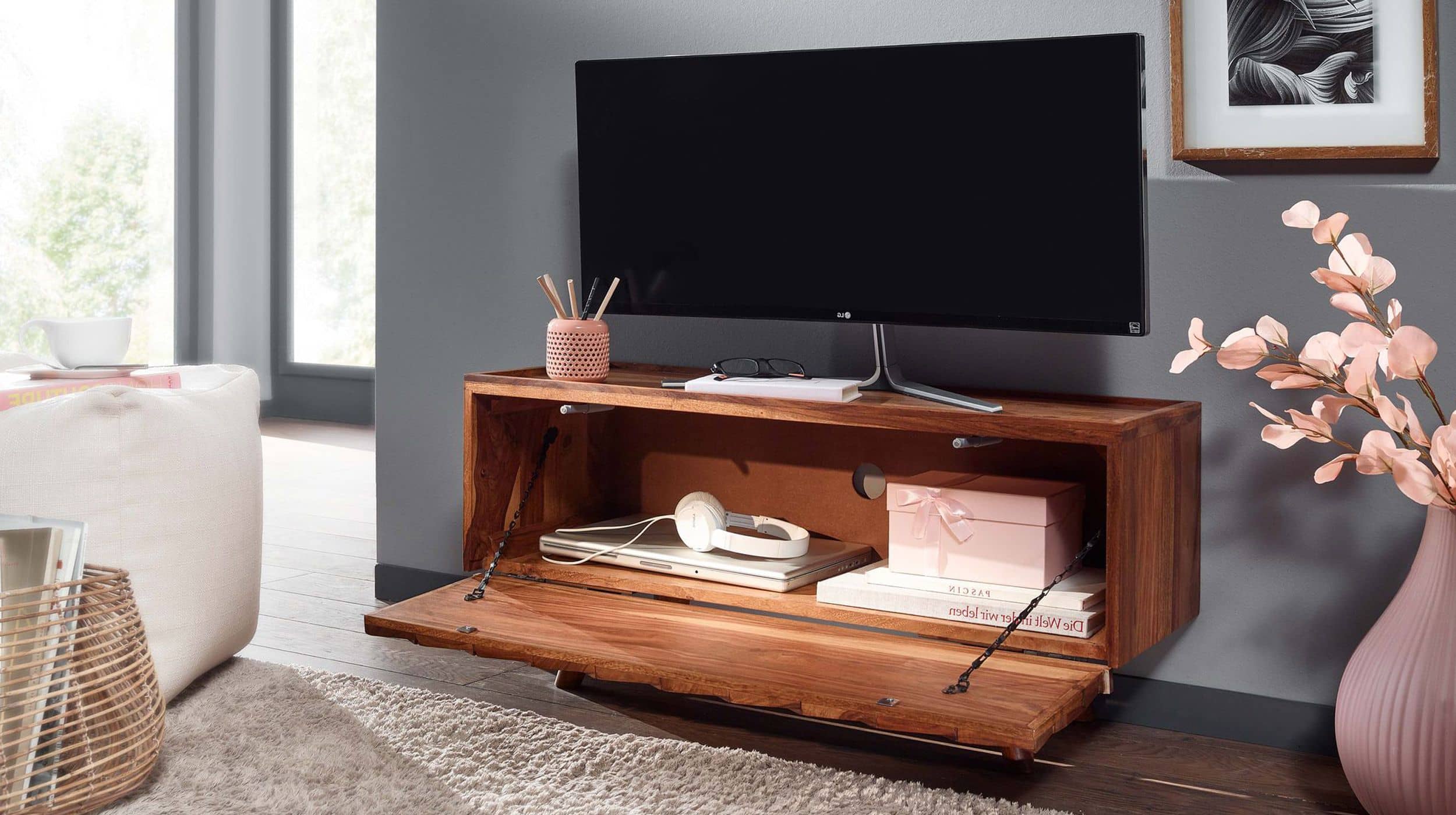 TV-Lowboard Sheesham massiv lackiert 92 cm - THIRDA 