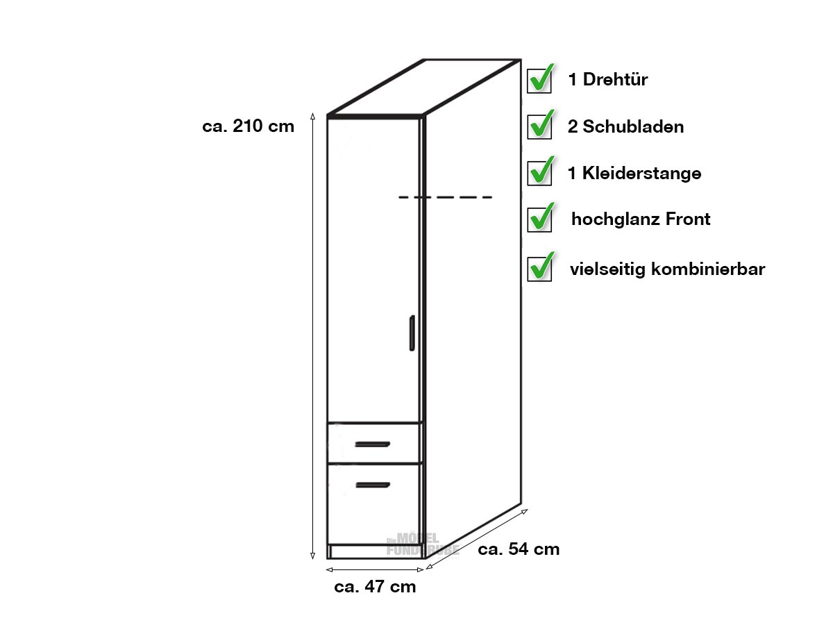 Kleiderschrank weiß hochglanz - rauch - 47 cm - CELLE