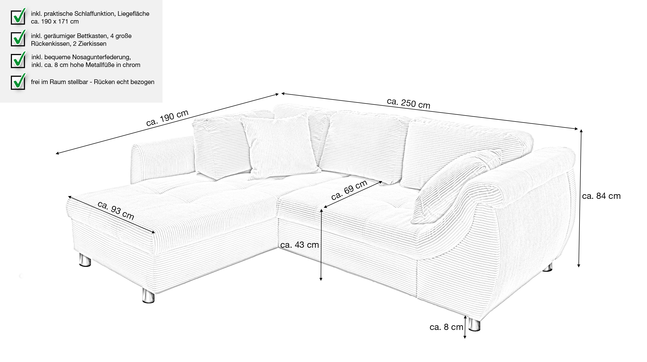 Ecksofa Cord grau Schlaffunktion Bettkasten OT links - LUNARO