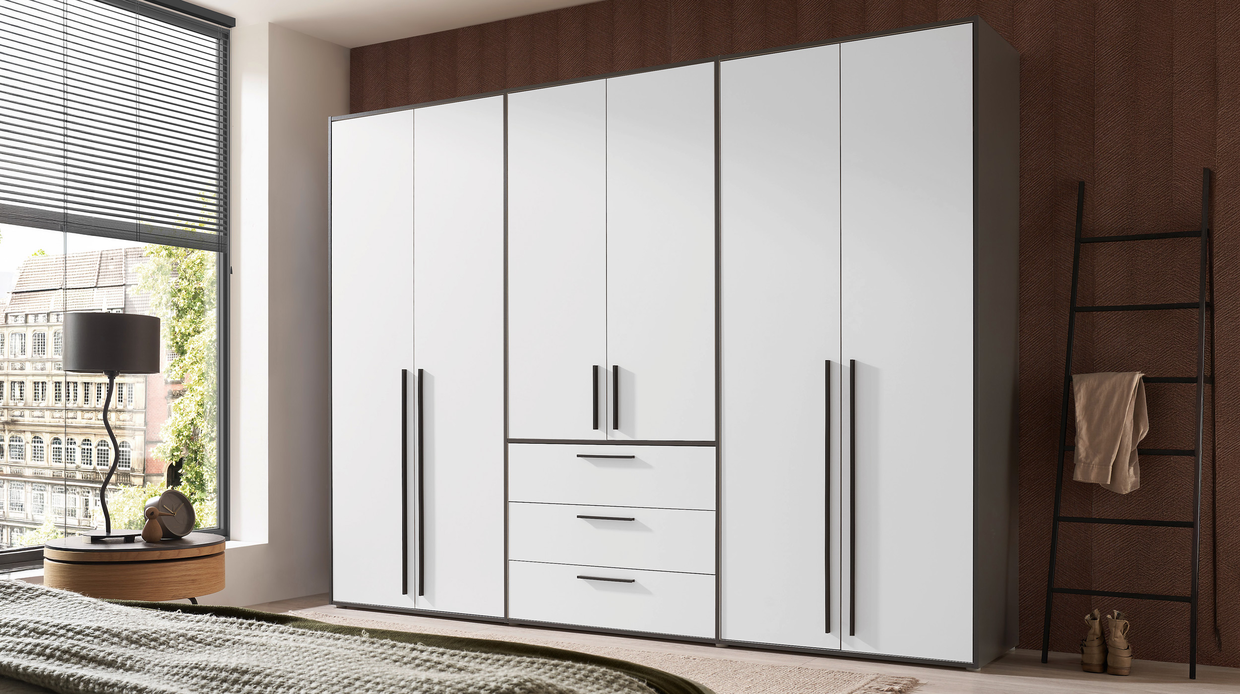 Kleiderschrank mit Schubladen weiß graphit 270 cm 6-türig - LATTARI 