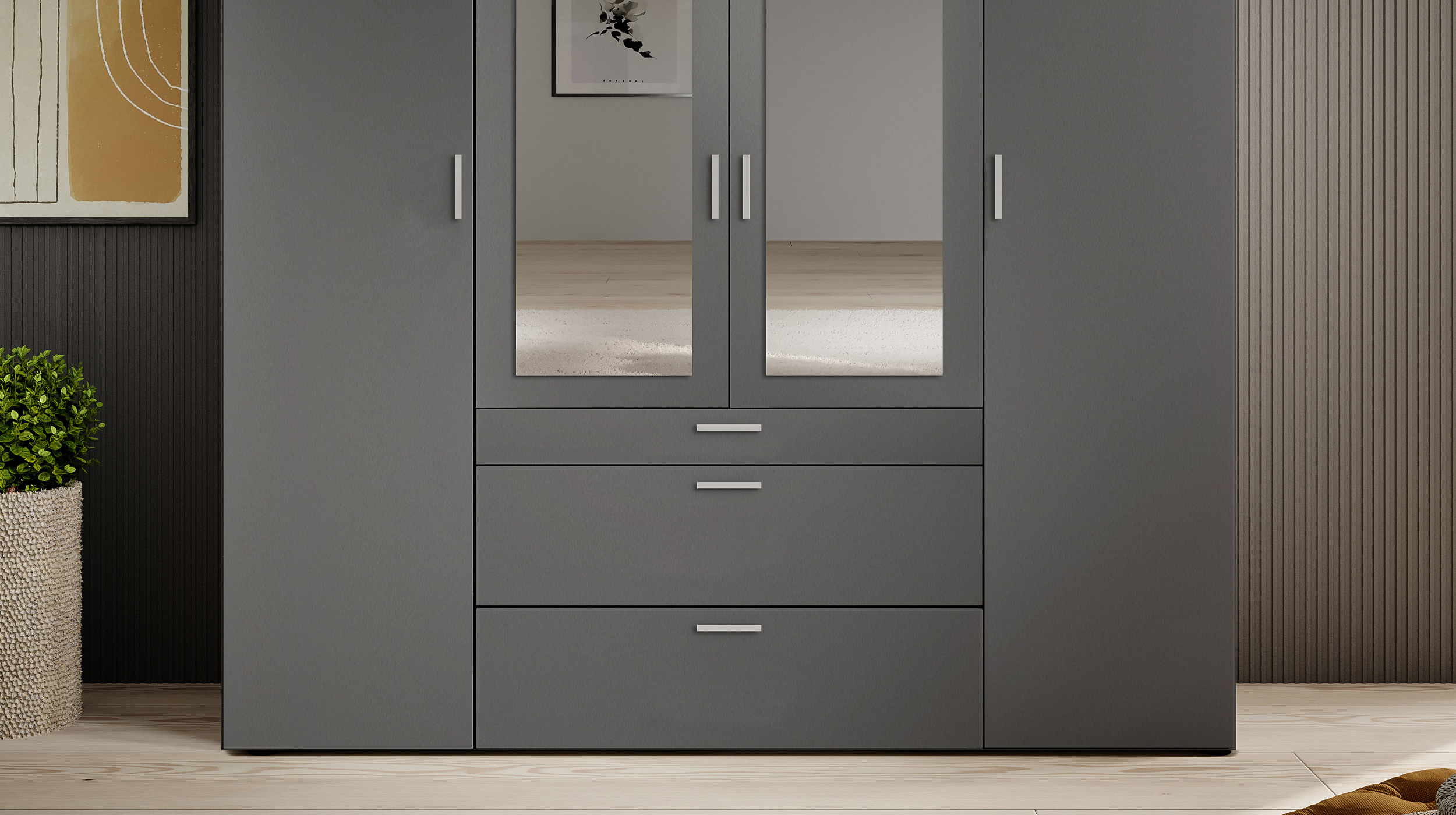 Kleiderschrank graphit mit Spiegel - 180 cm - 4-türig - VESALA