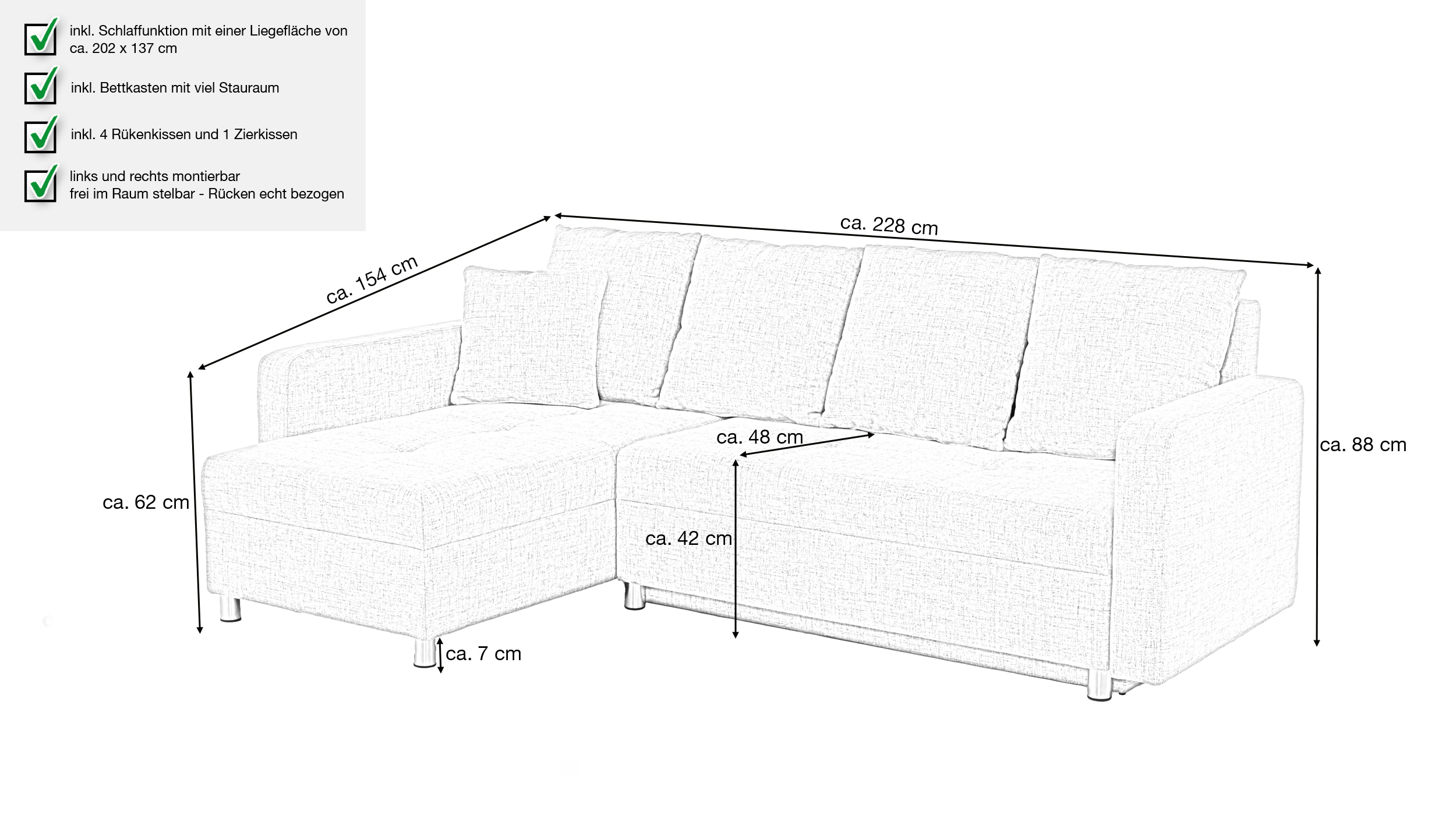 Ecksofa mit Schlaffunktion grau Bettkasten 228 cm - KAPPELN