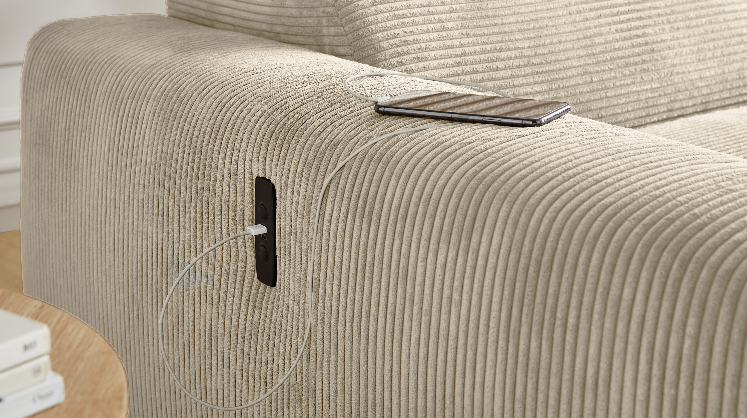Ecksofa Cord elektrisch ausfahrbar grau-beige 277 cm - SLIDER