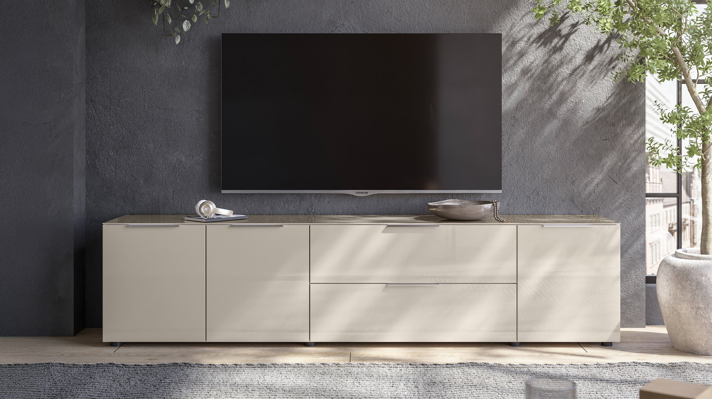 TV-Lowboard beige - Glasfront - 226 cm - SANTORIN